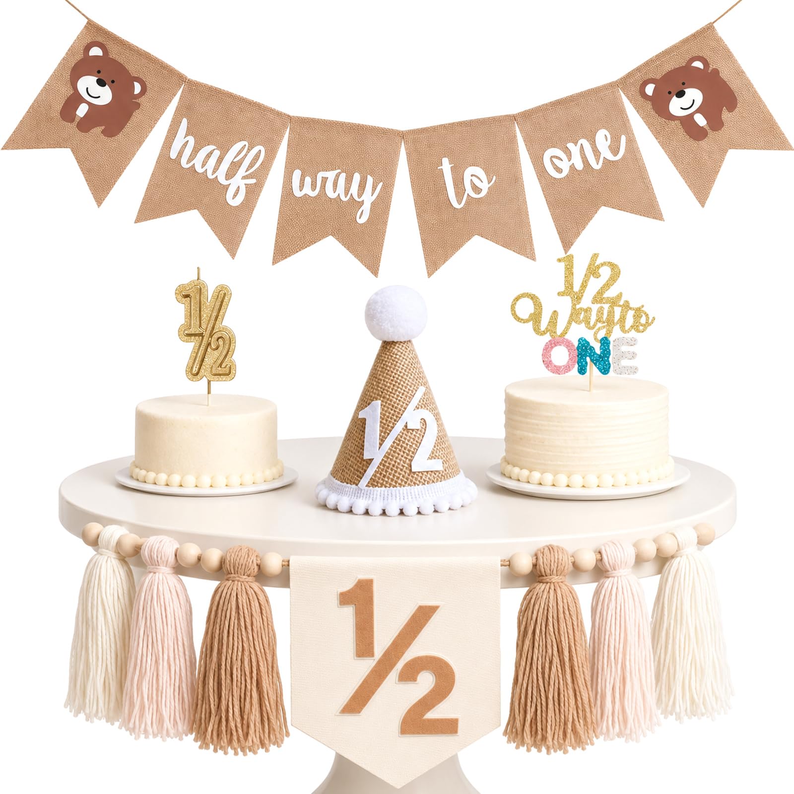 Half Way to One Birthday Decorations 5Pcs 6 Months Bear Half Way to One Birth Party Banner with 1/2 Birthday Highchair Banner, 1/2 Birth Hat and Cake Topper