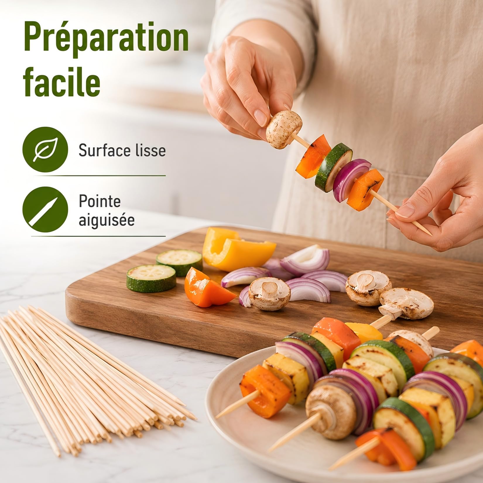 Lot de 100 Pics à Brochettes en Bois 3.5mm x 15cm pour Barbecue, Grillades, Fruits et Légumes