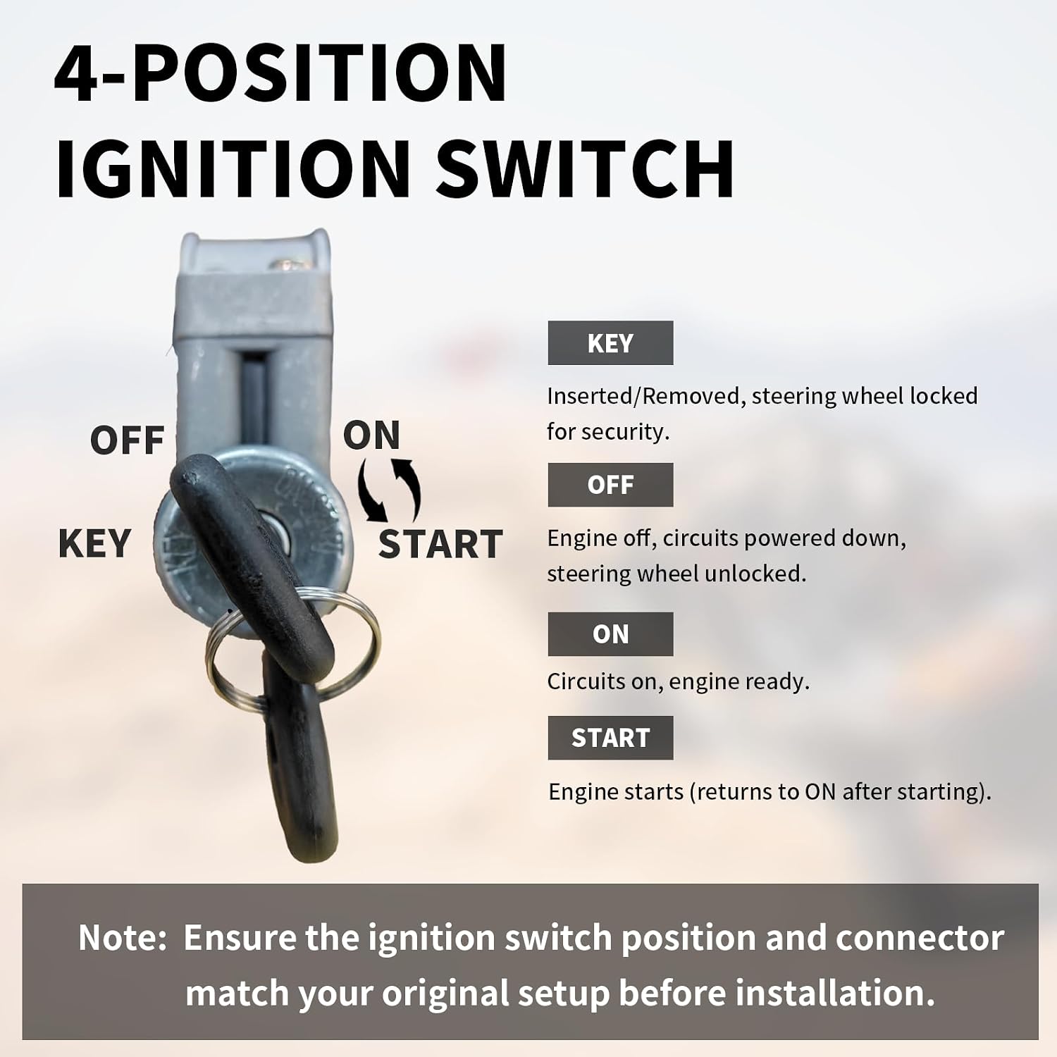 Ignition Switch with 2 Keys 4 Wires for Hisun UTV 500 700 800, Massimo MSU500 700 800, Axis 500 700, Coleman UT500 700, Bennche Bighorn, Cub Cadet Challenger, Replaces 37200-115-0100