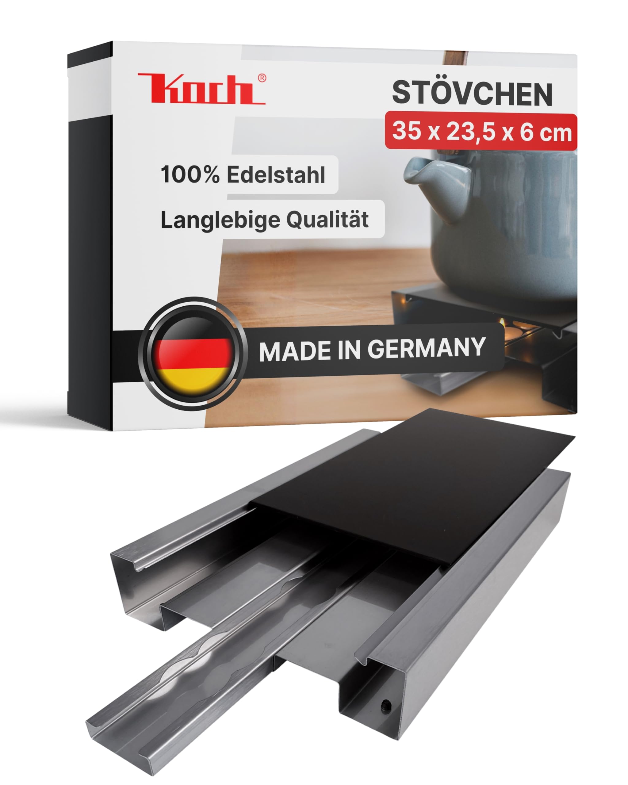 KOCH #00 Edelstahl Rechaud mit Auszug und 3 Teelichtern - Hochwertige Warmhalteplatte/Speisenwärmer/Tellerwärmer/Stövchen