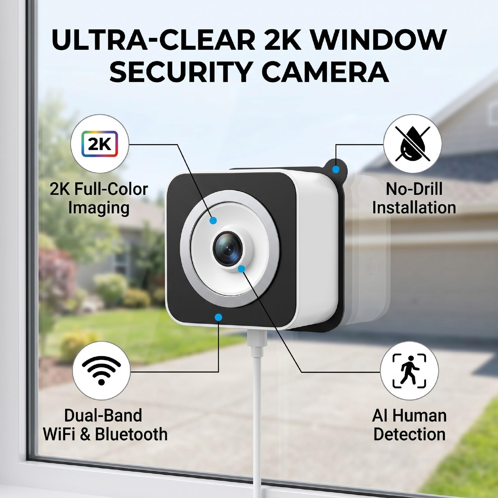 VBESTLIFE Kamera Okienna 3 MP 2K, Bez Wiertarki, Dwuzakresowe Wi-Fi (WHITE) | Kamera Bezpieczeństwa, Inteligentna Detekcja, Alarm w Czasie Rzeczywistym, z Wyświetlaczem Czasu, do Domowego Akwarium dla