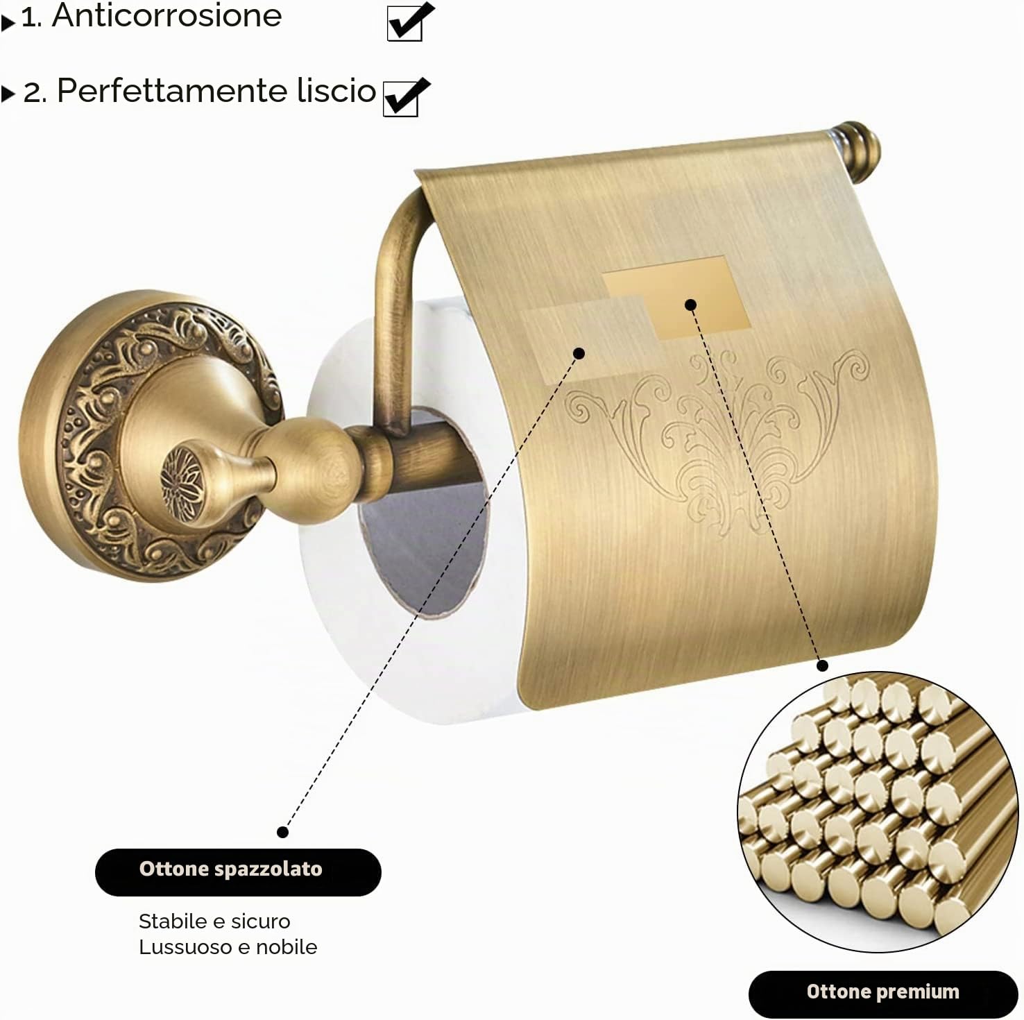 porta asciugamano, color bronzo, costruito in ottone di qualità, in stile antico con la fantasia delle onde sulla base. Porta strofinacci ideale per bagno e cucina porte papier toilette