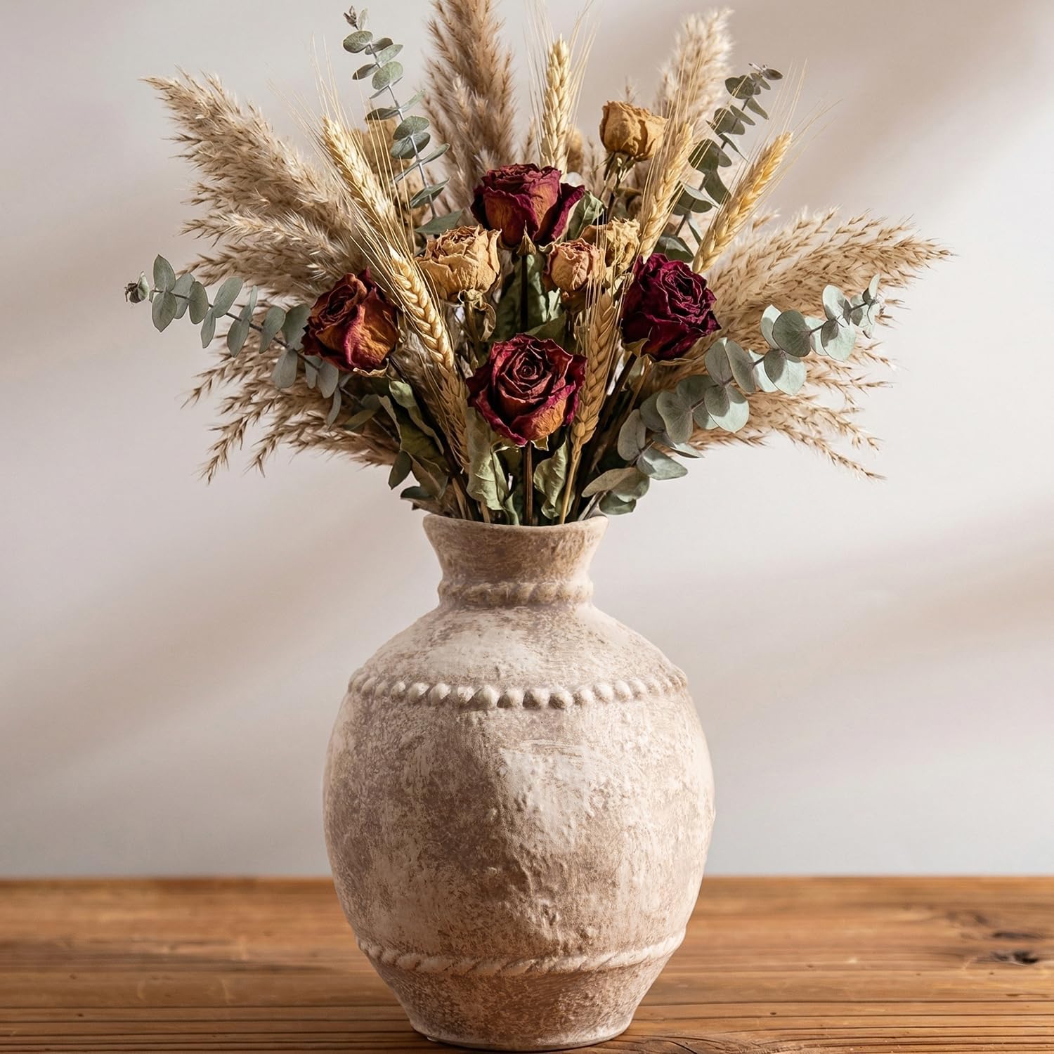 8.46 Inch Tall Vintage Ceramic Flower Vase,Rustic Farmhouse vase for Home Decor,Distressed Decorative White Vase for Table Centerpiece Living Room Bathroom Bedroom (Retro White)