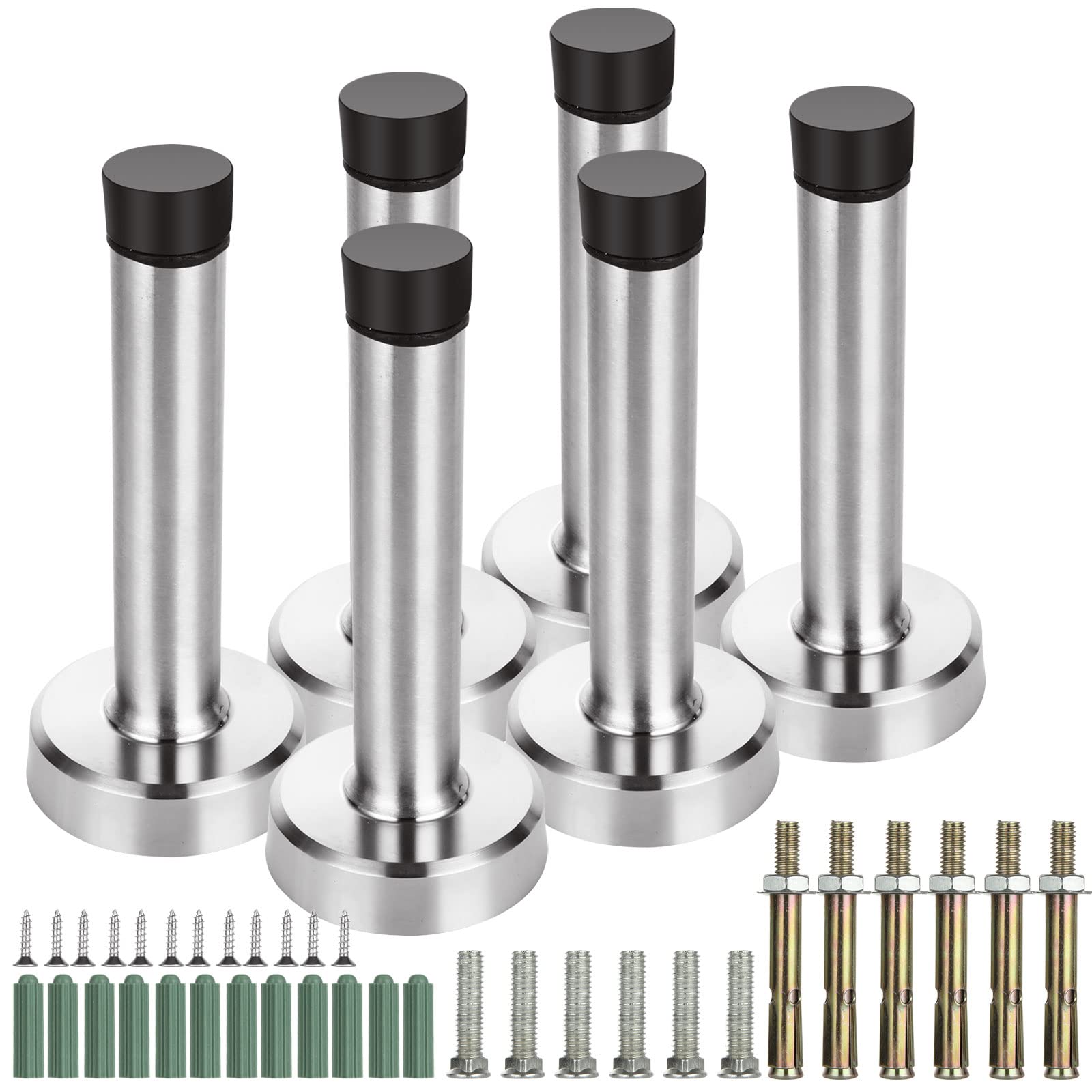 ASelected Door Stopper, 6 Pack Door Stop, Stainless Steel Wall Protector, Door Stoppers for Skirtings with Rubber Bumper Tip, with Mounting Screws and Anchors, Silver