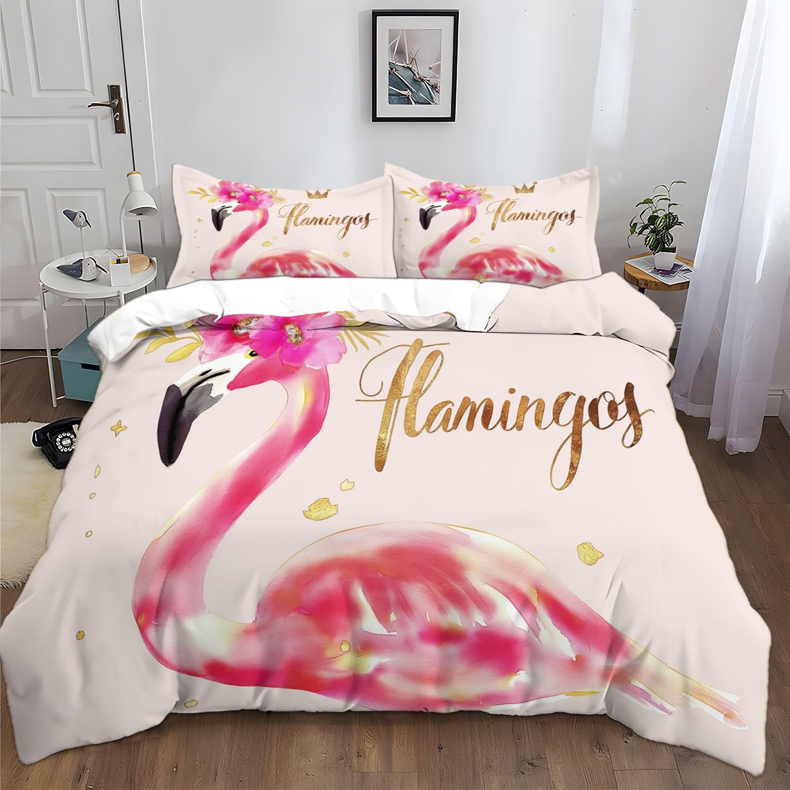 Housse de couette flamant rose 220x240 cm en microfibre douce avec ses 2 taies d'oreiller