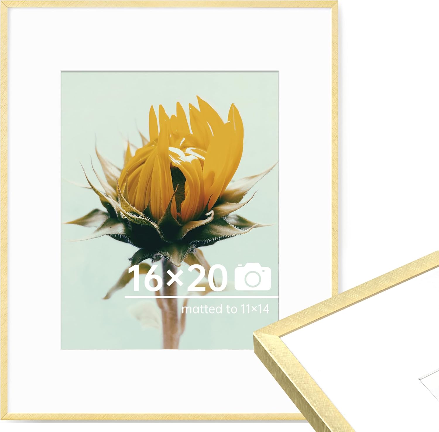 16x20 Metal Picture Frame, Thin Aluminum 16 x 20 Photo Frame with 11x14 Mat, Cross-Hatch Brushed Design, High Definition Plexiglass, Vertical and Horizontal Display, Wall Hook Hanging Hardware Included, Gold Gold 16x20", Set of 1