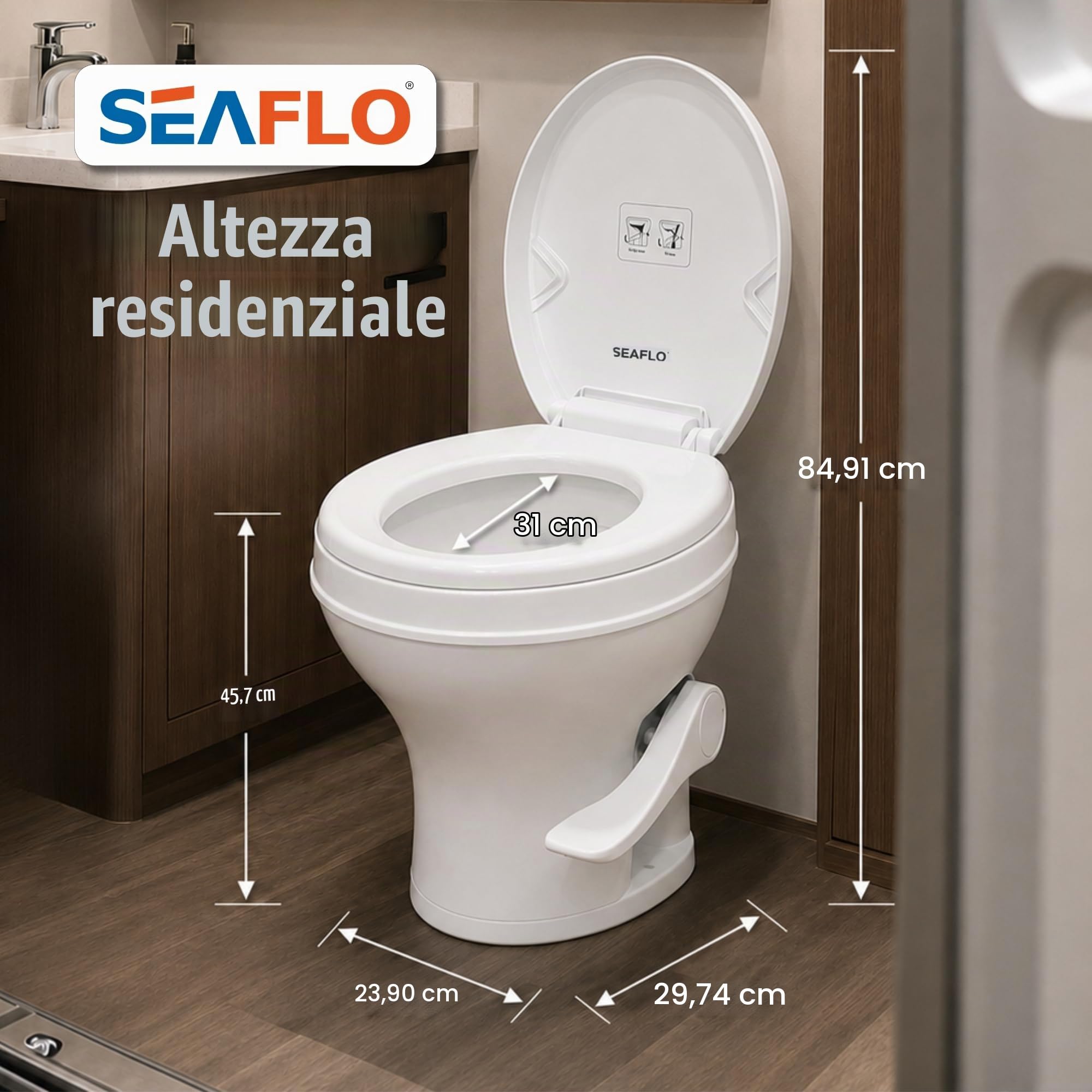 SEAFLO, WC per camper con altezza stile WC domestico da 46,7 cm, pedale con scarico a gravità, si adatta alla maggior parte dei camper (distanza di installazione di 24,1 cm), sedile con chiusura