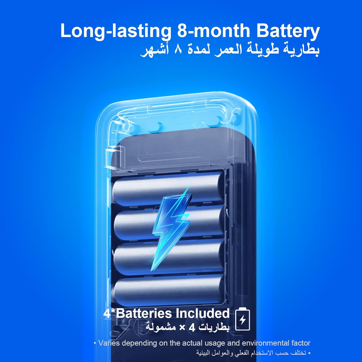 Image showing the battery compartment of the Makayuron Smart Door Lock, indicating it uses 4 AA batteries and has an 8-month battery life.