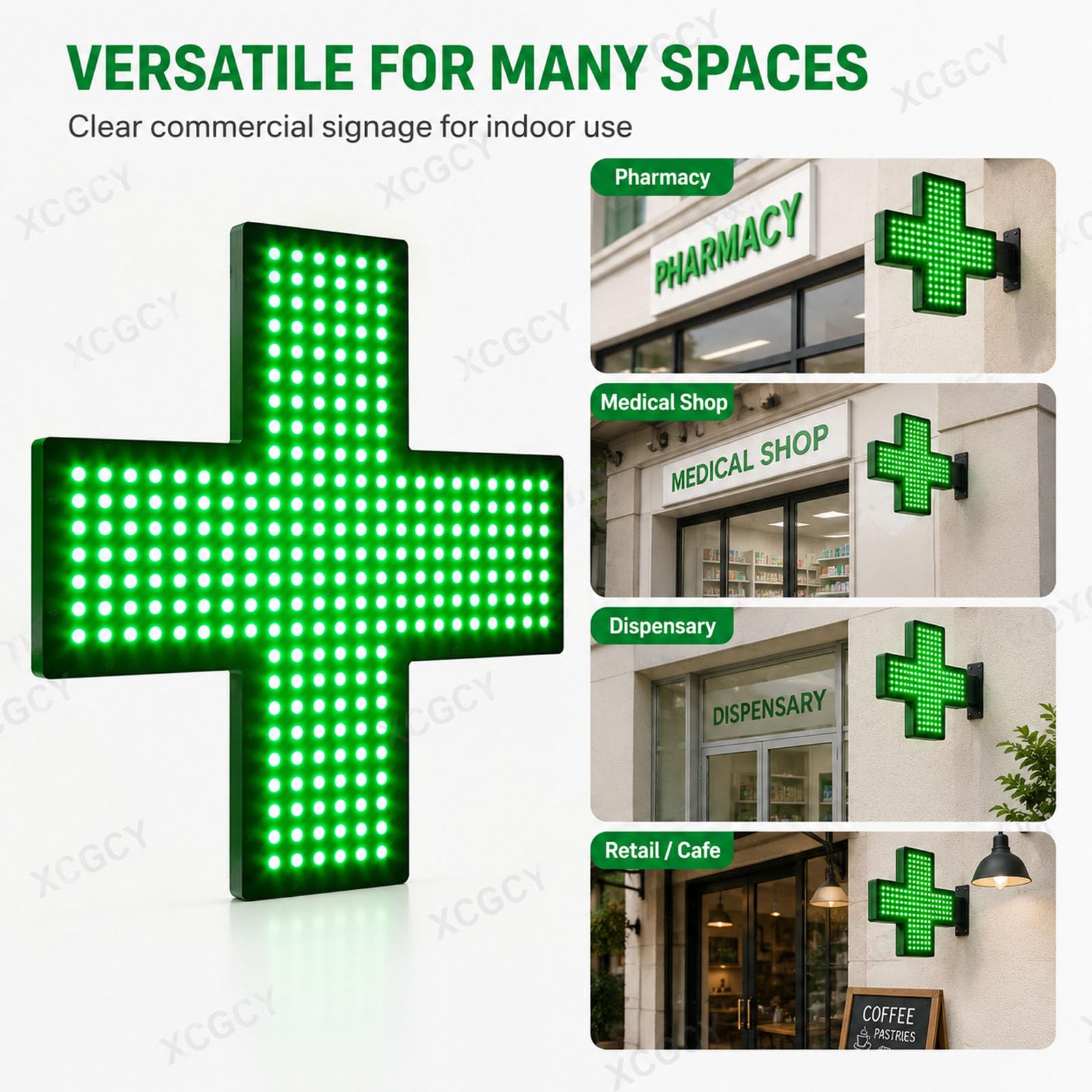 Apteka lampa krzyżowa, znak medyczny LED, 48 cm x 48 cm, zielony, antyodblaskowy panel LED, wodoodporny, 3 tryby świecenia do apteki i sklepu medycznego, do użytku wewnętrznego