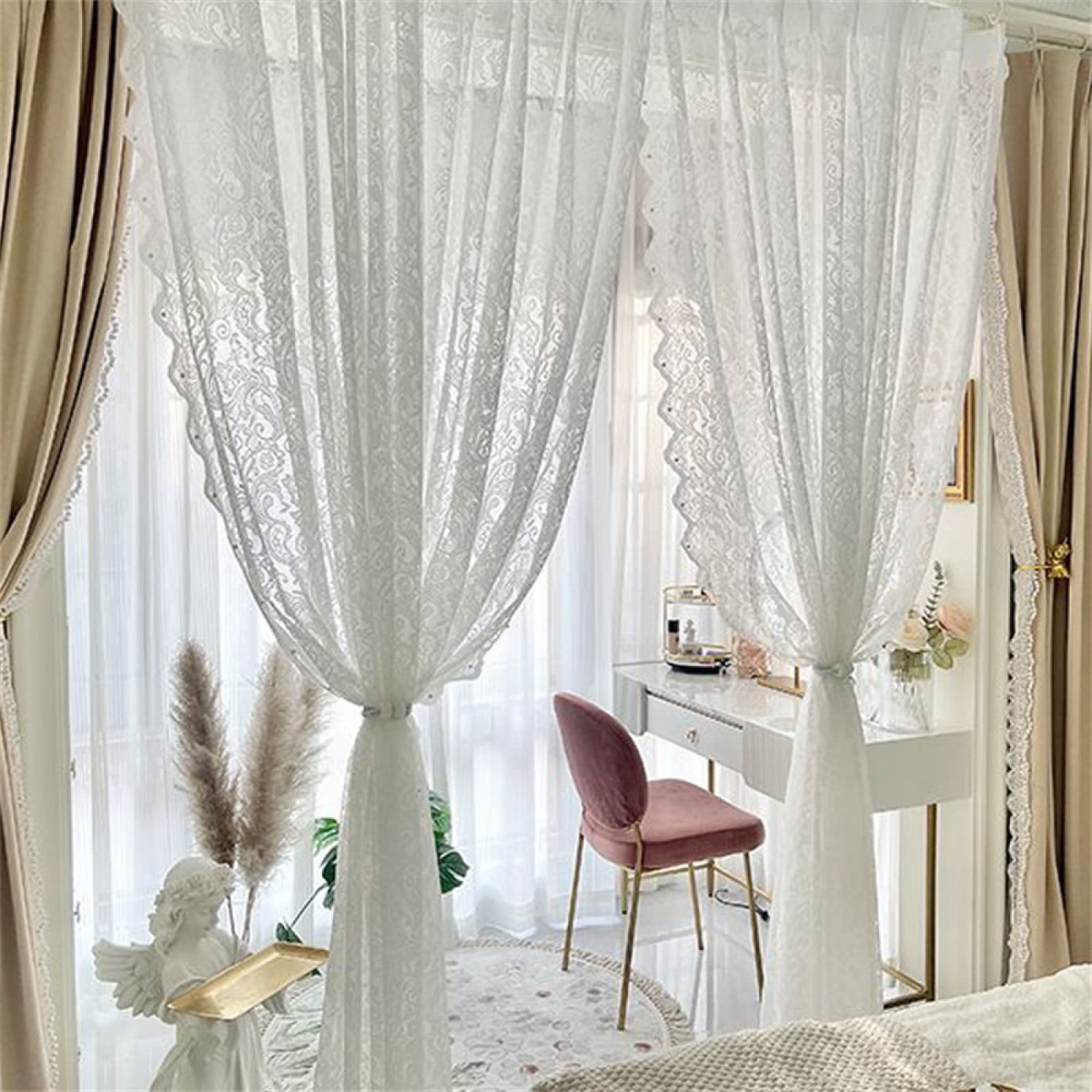 Lot de 2 voilages semi-transparents en dentelle avec œillets, design moderne pour salon et chambre à coucher, 2 x 140 x 180 cm, motif dentelle blanche