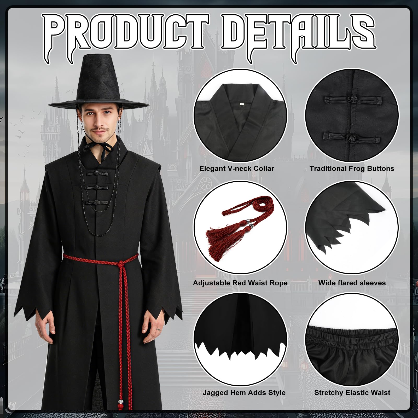 Costume Carnevale Uomo, Déguisement Cosplay per Adulti con Maglia, Pantaloni, Mantello, Cappello e Accessori Coordinati, Outfit Scuro e Misterioso per Halloween Carnevale Feste Tema Travestimenti