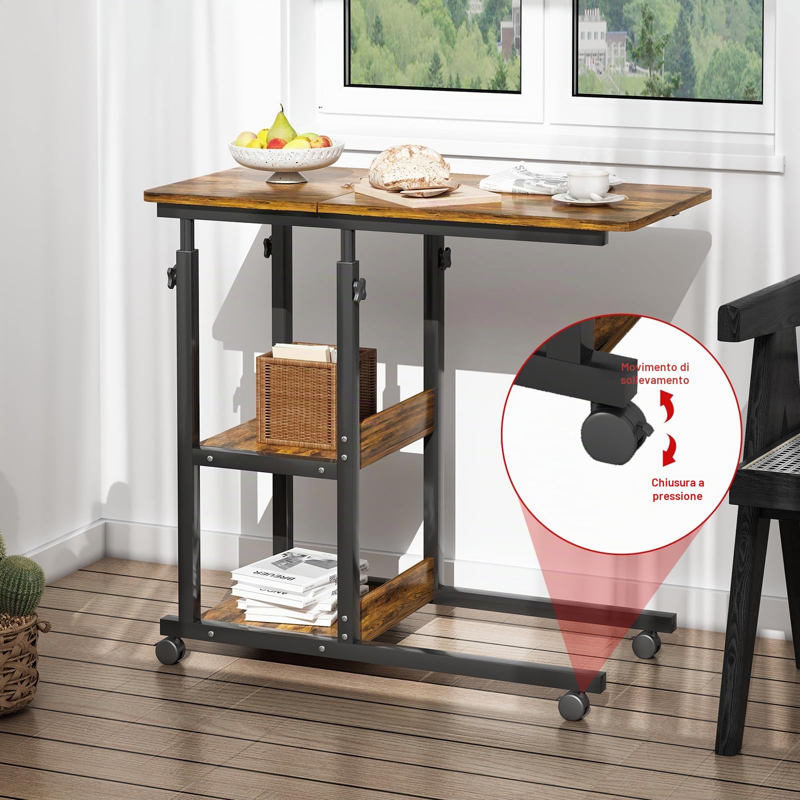 Tavolino con ruote, regolabile in altezza, tavolo per computer portatile, altezza regolabile, il desktop può essere capovolto, tavolino con ruote, tavolino da caffè, camera da letto, 80x40cm