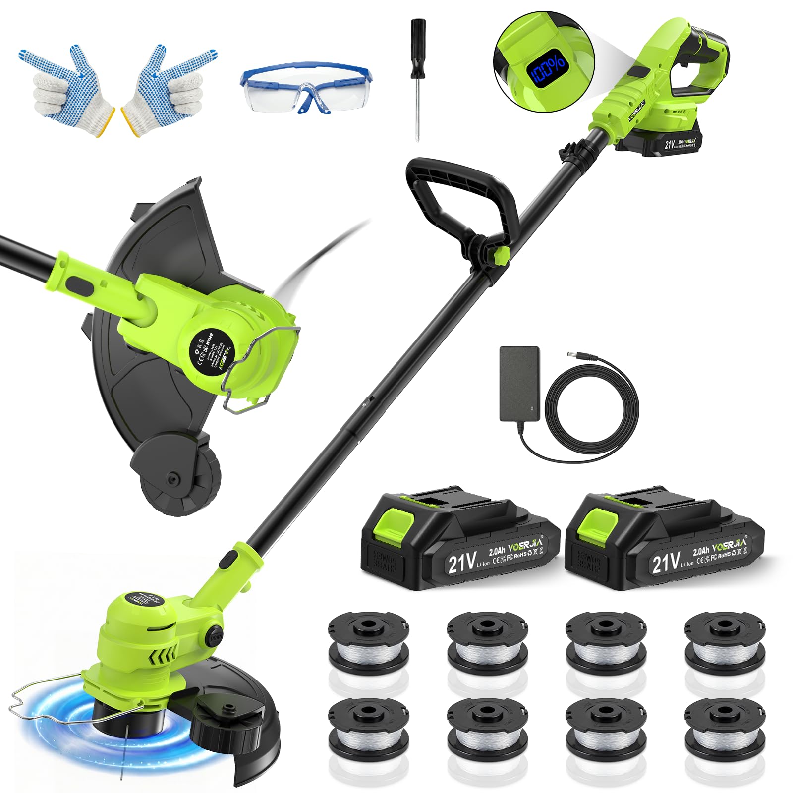 VOERJIA 21V Tagliabordi elettrico a batteria con schermo LCD, ruote (30 cm), alimentazione automatica del filo, 8 bobine incluse, testina regolabile e multifunzionale (Linea Pro Giardino)