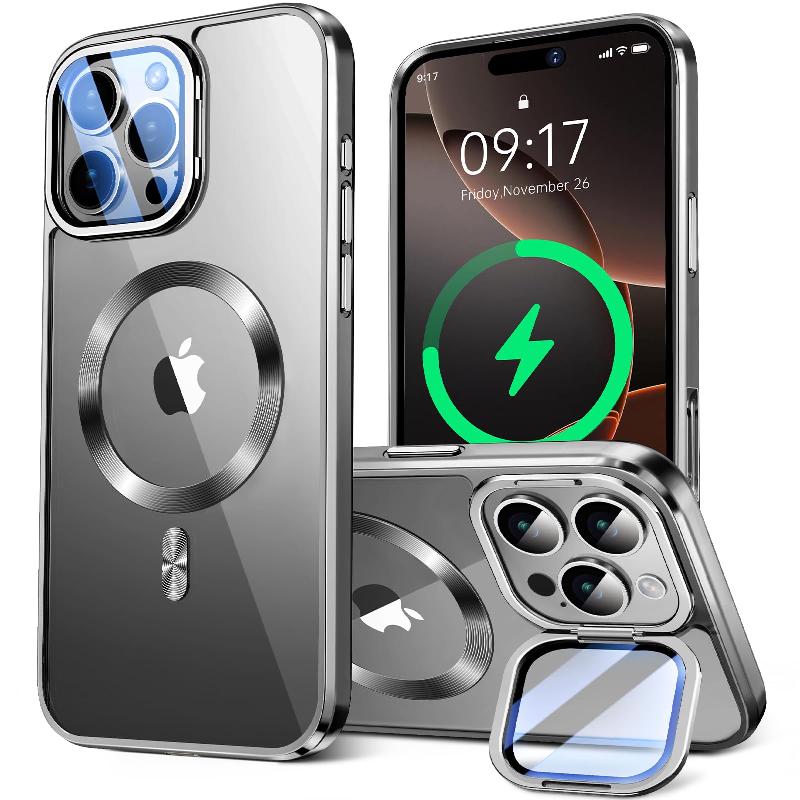 WHWEIYA for iPhone 16 Pro Max Case Compatible with Magsafe Accessories,Stash Stand 9H Lens Protection,Slim Phone Case Military-Grade Shock Anti