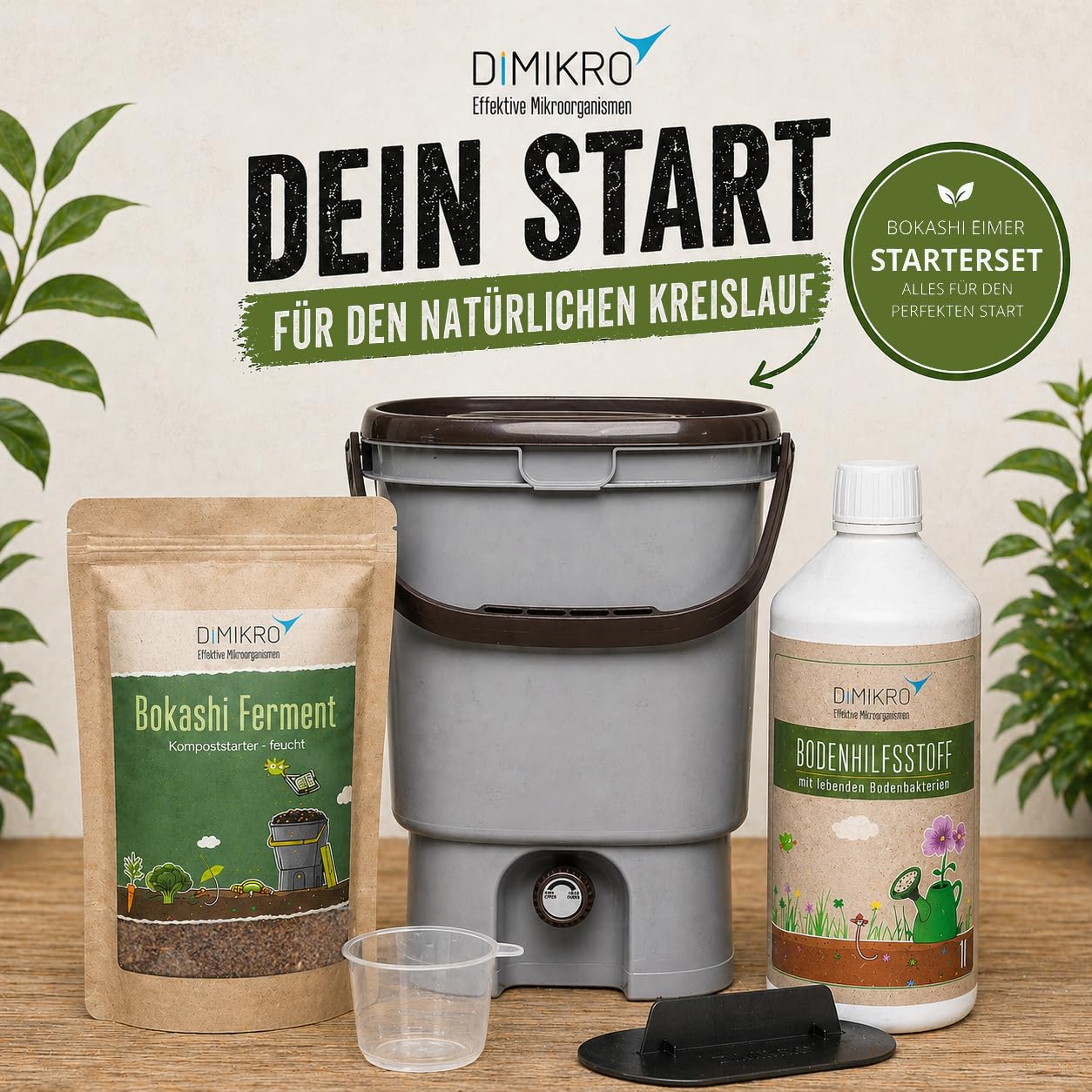 Bokashi Eimer Starterset - Japanisches Design (grau) + Bokashi Ferment + EM aktiv + Bokashi Broschüre