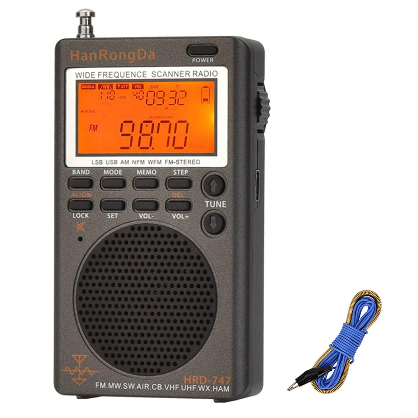 HRD-747 SSB Radio de onda corta FM estéreo con reloj y antena de cable de 10 pies Banda AM sintonización digital Receptor de radio portátil Tecnología de carga USB 1000 Frecuencias de radio Memoria
