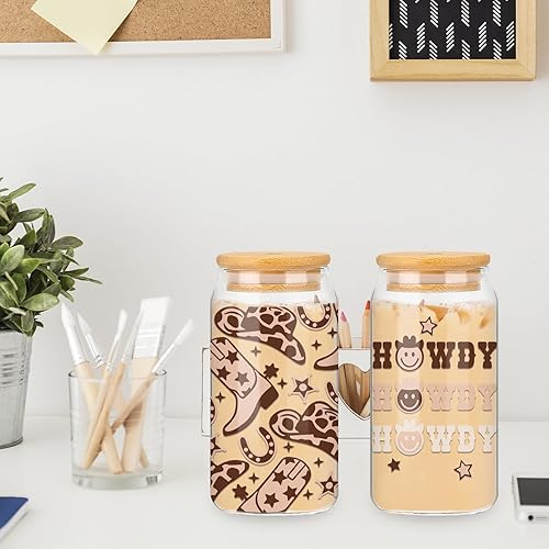 Miniatura 7 de Whaline Paquete de 2 vasos de vaquero de 16 onzas, sombrero de vaquero, taza de café helado marrón con tapas de bambú, cepillos de limpieza de