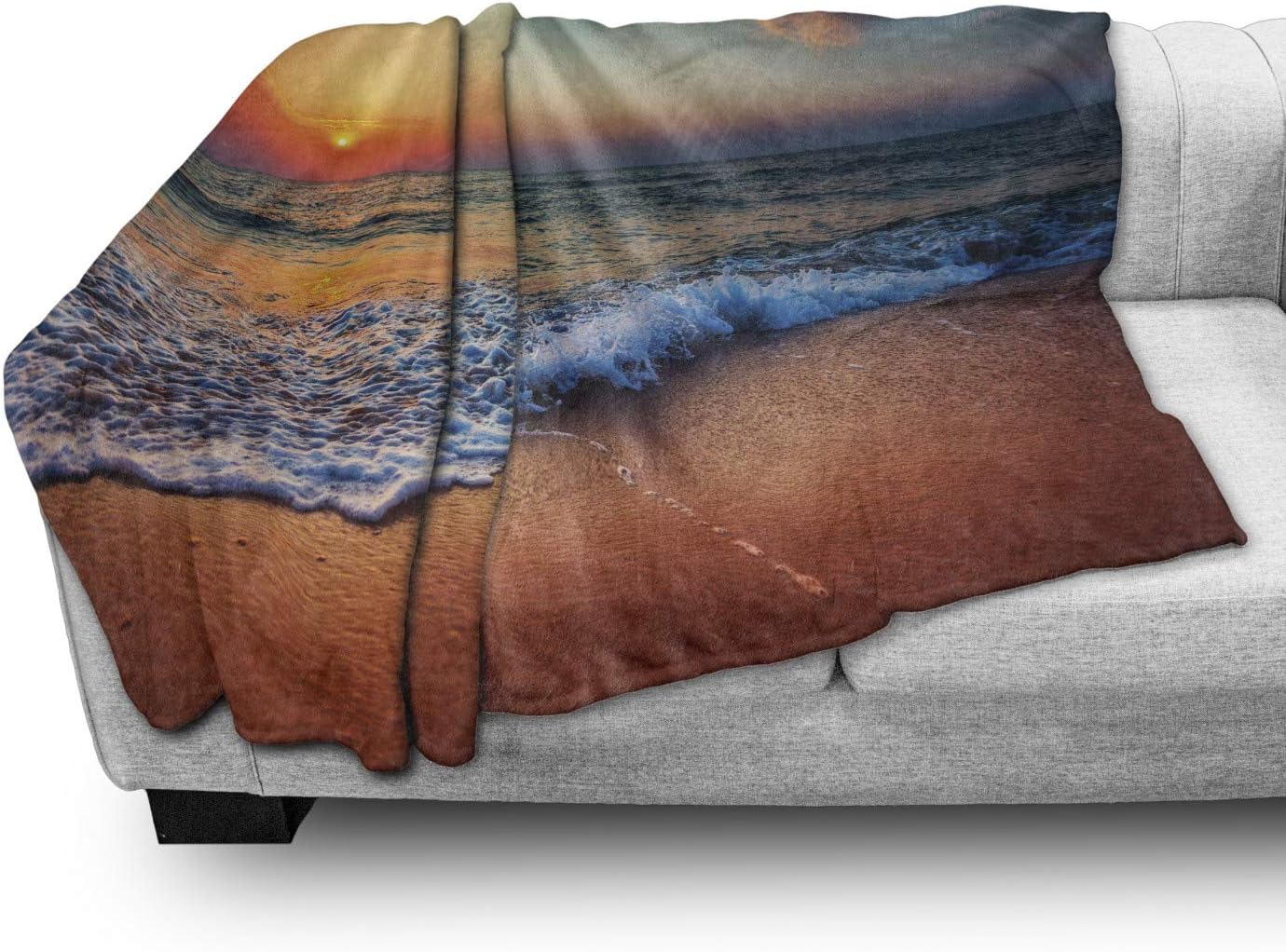 Lunarable Miami Throw Blanket, Sandy Beach View Tropical Ocean at Sunset Romantic Colors Calm Tides, Flannel Fleece Accent Piece Soft Couch Cover for Adults, 70" x 90", Tan Blue