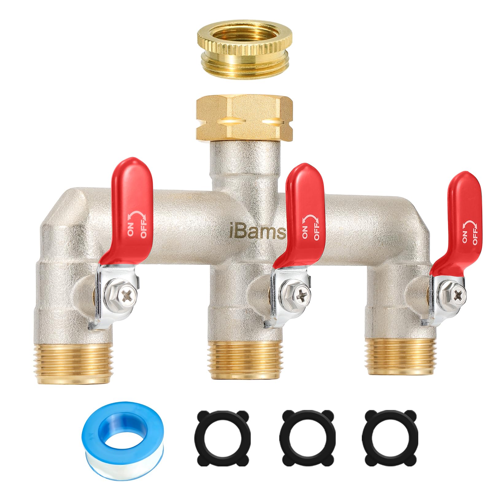 iBamso 3-Wege Verteiler, 3/4 Zoll Großer Durchfluss Wasserverteiler aus Vernickeltem Messing, Größer Ausguss Wasserverteiler, Gartenschlauch Wasserhahn-Anschluss für Haus und Garten - Rot Metallgriff