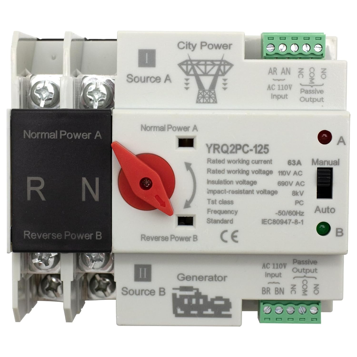 63A 110V Automatic Transfer Switch 2P, Dual Power ATS for Generator&Solar Backup–Overvoltage/Undervoltage Protection, Manual/Auto Changeover,50/60Hz CE Certified