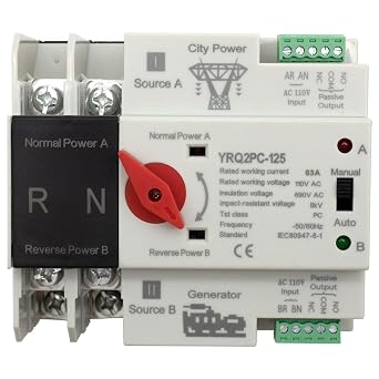 63A 110V Mini ATS Automatic Transfer Switch 2P, Din Rail Mounted Dual Power Changeover for Generator/Grid/Solar-Auto/Manual Modes for Home RV Backup Power, Overvoltage Protection, 50/60Hz CE Certified