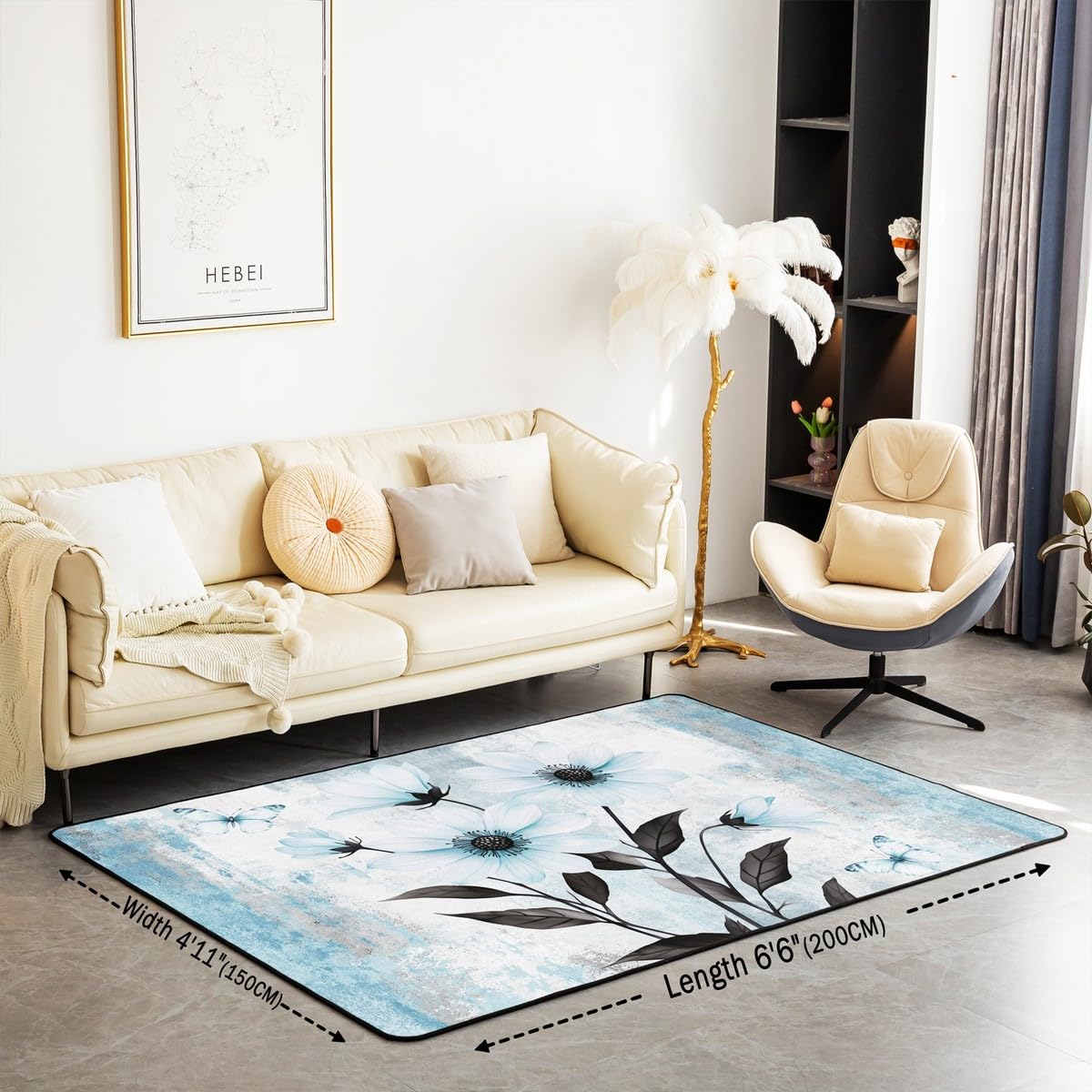 Homewish Dywan akwarelowy z kwiatami 100 x 150 cm, abstrakcyjny obraz olejny, stokrotka, dywan rustykalny, do wnętrz, mata podłogowa, ombre, niebieski, szary, biały, dekoracyjny, zmywalny dywan
