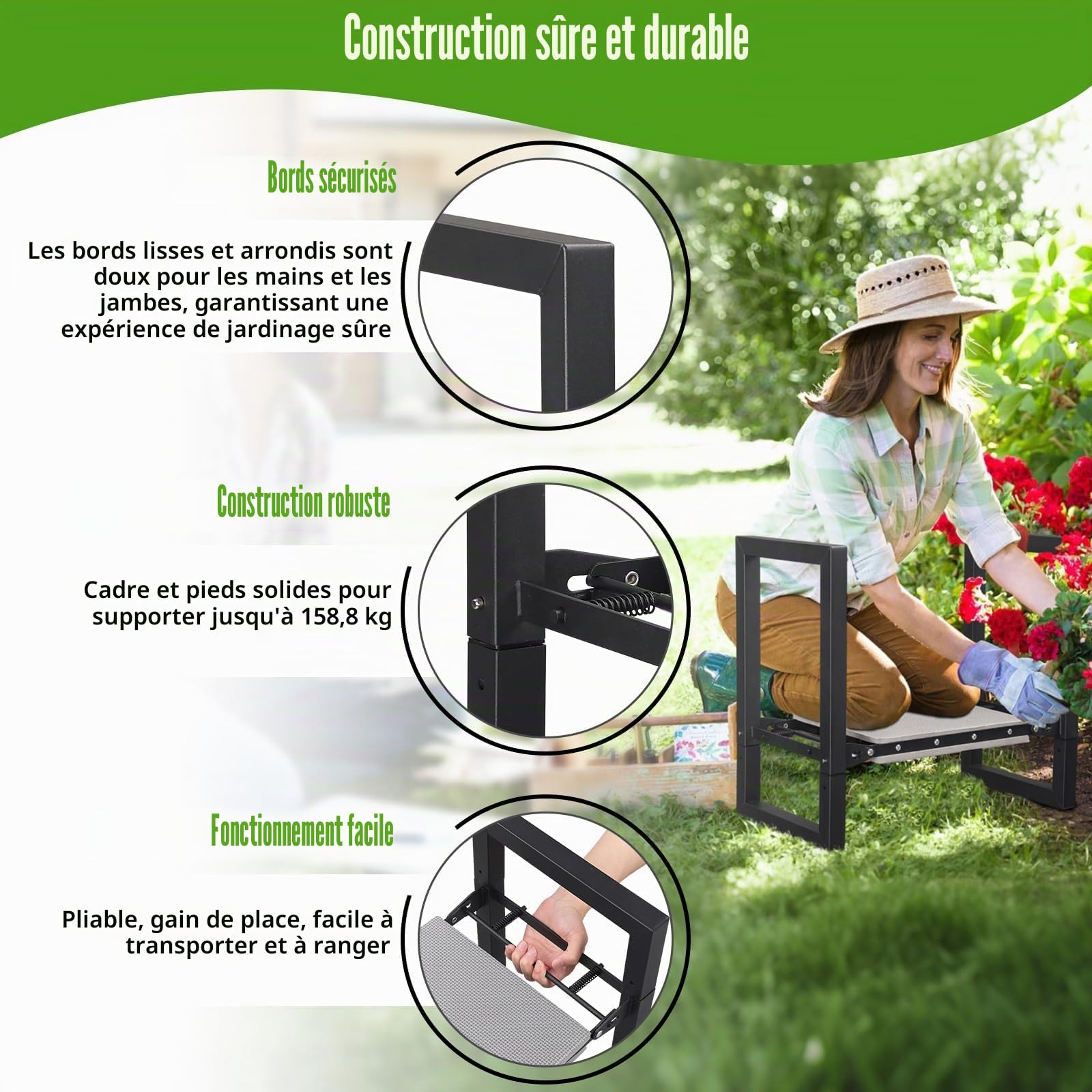 Tabouret de Jardin Pliant 31 cm - Banc à Genoux et Siège avec Poignées, Robuste et Pratique pour Le Jardinage - Conçu pour Seniors et Femmes - Idéal comme Cadeau D'Outils de Jardin