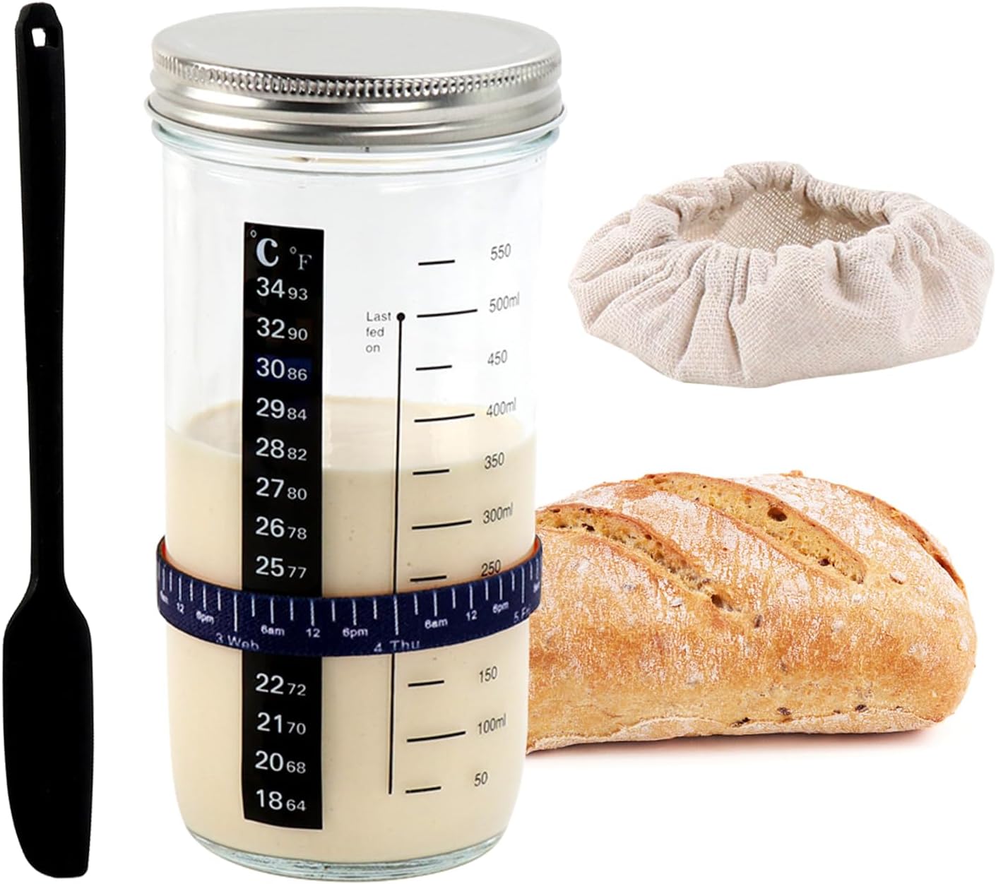 Fadcaer Sourdough Starter Jar with Lid Set, Sourdough Starter Jar With Aluminum Lid, with Marked Feeding Band, Thermometer, Scraper, Sewn Cloth Cover, Metal Lid for Sourdough Bread Baking