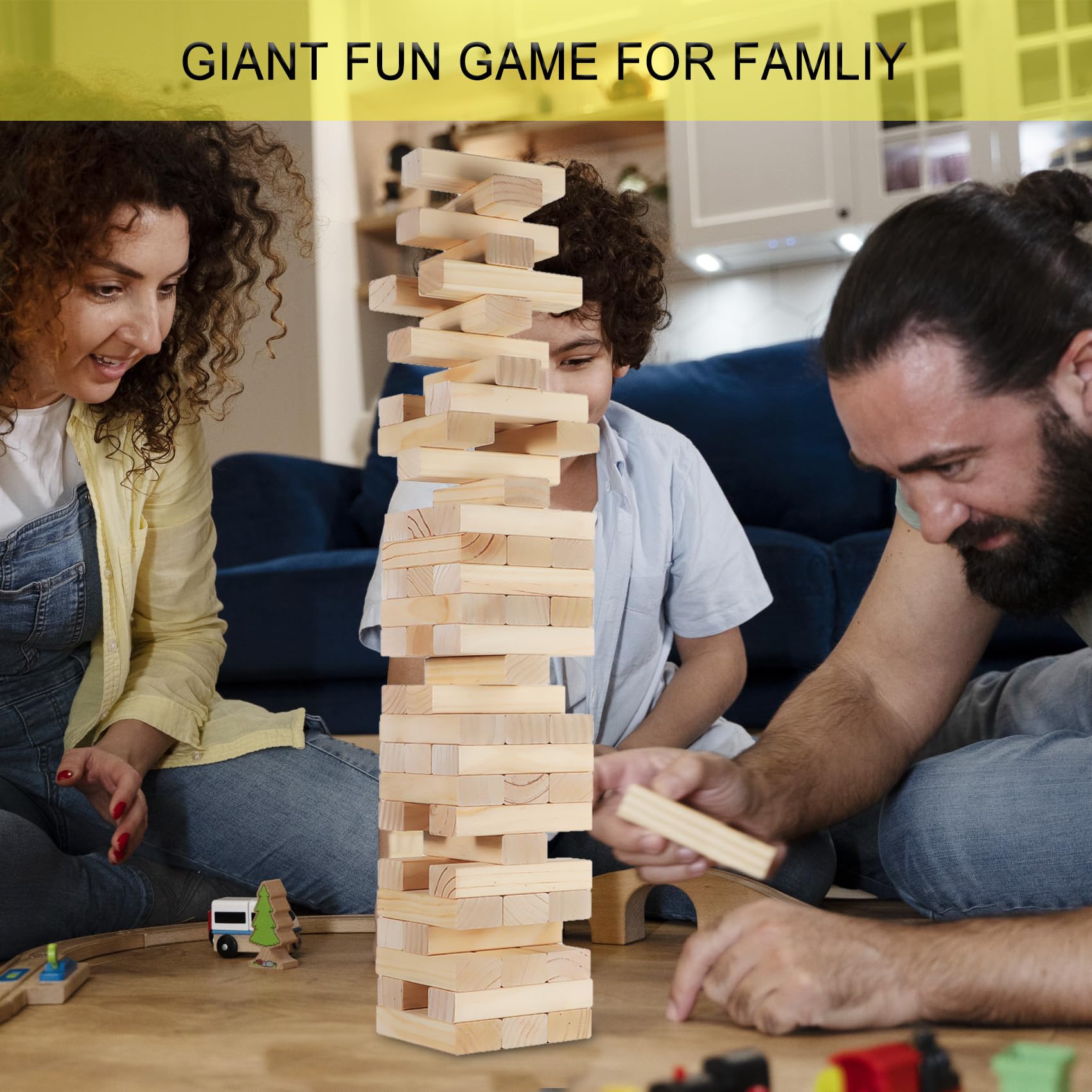 Riesiges Tumbling Tower Spiel, Outdoor-Hof-Spiele für Kinder und Erwachsene, über 100 cm, 60 Stück, Holz-Stapelspiele mit tragbarer Tragetasche für Hinterhof, Rasen, Party, Camping und