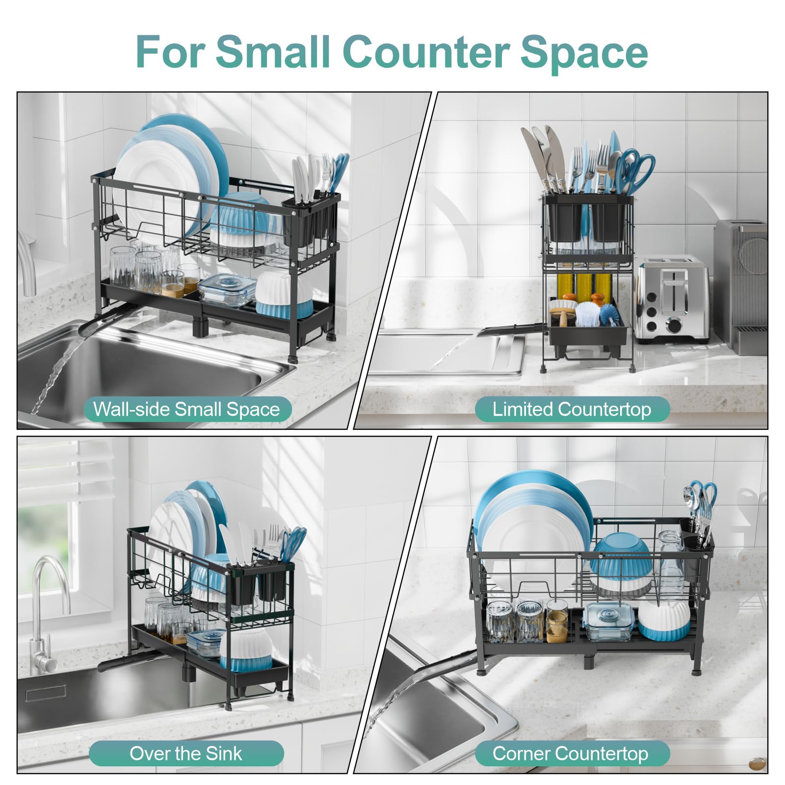 GSlife Escurreplatos estrecho – Escurreplatos pequeño expandible para encimera de cocina, 2 niveles de capacidad ajustable (15.7 a 20.7 pulgadas de largo) escurridor de platos con soporte extraíble