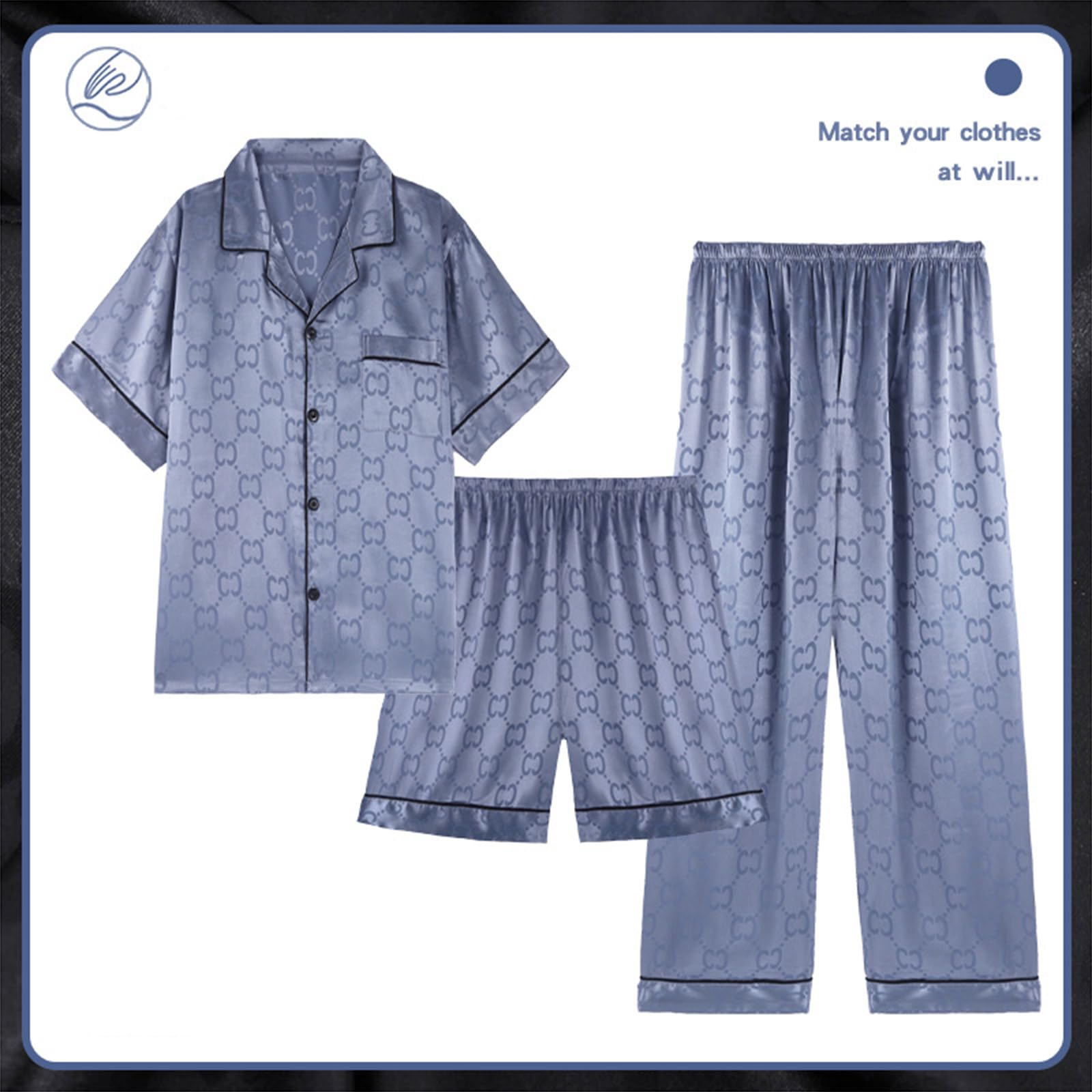 Conjunto de Pijamas 3 Piezas para Hombres Extra Plus Talla Satinada Pjs Set Pantalones Cortos de Manga Corta para Hombre 50-150KG