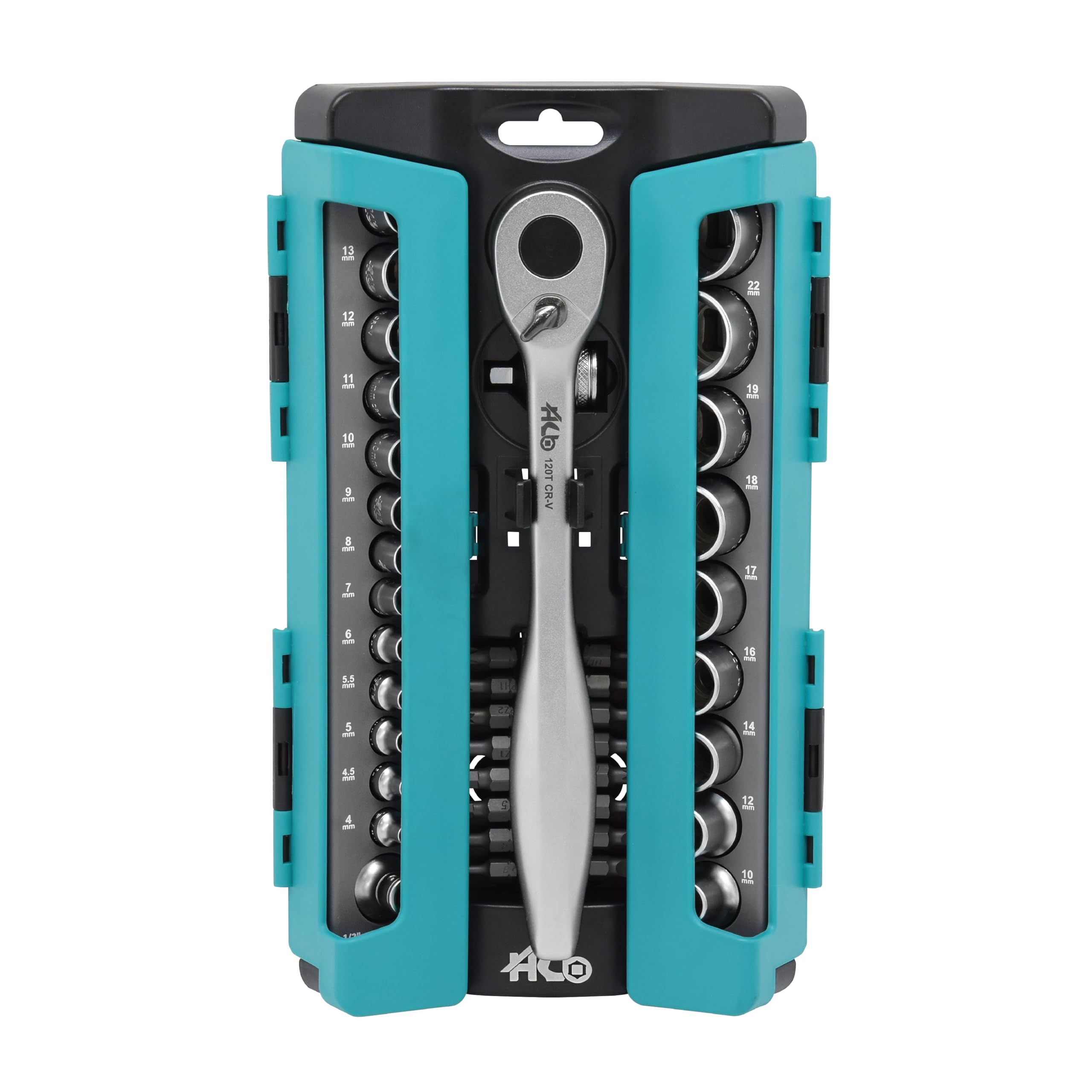 HB 120-Tooth Sealed Head Ratchet Handle 1/2-Inch Drive, Torx/Hex bits, 1/2-Inch 1/4-Inch Drive Metric/Standard socket Mechanical Tool Set 42-piece, Made in Taiwan AKM008-U 42PC 1/2