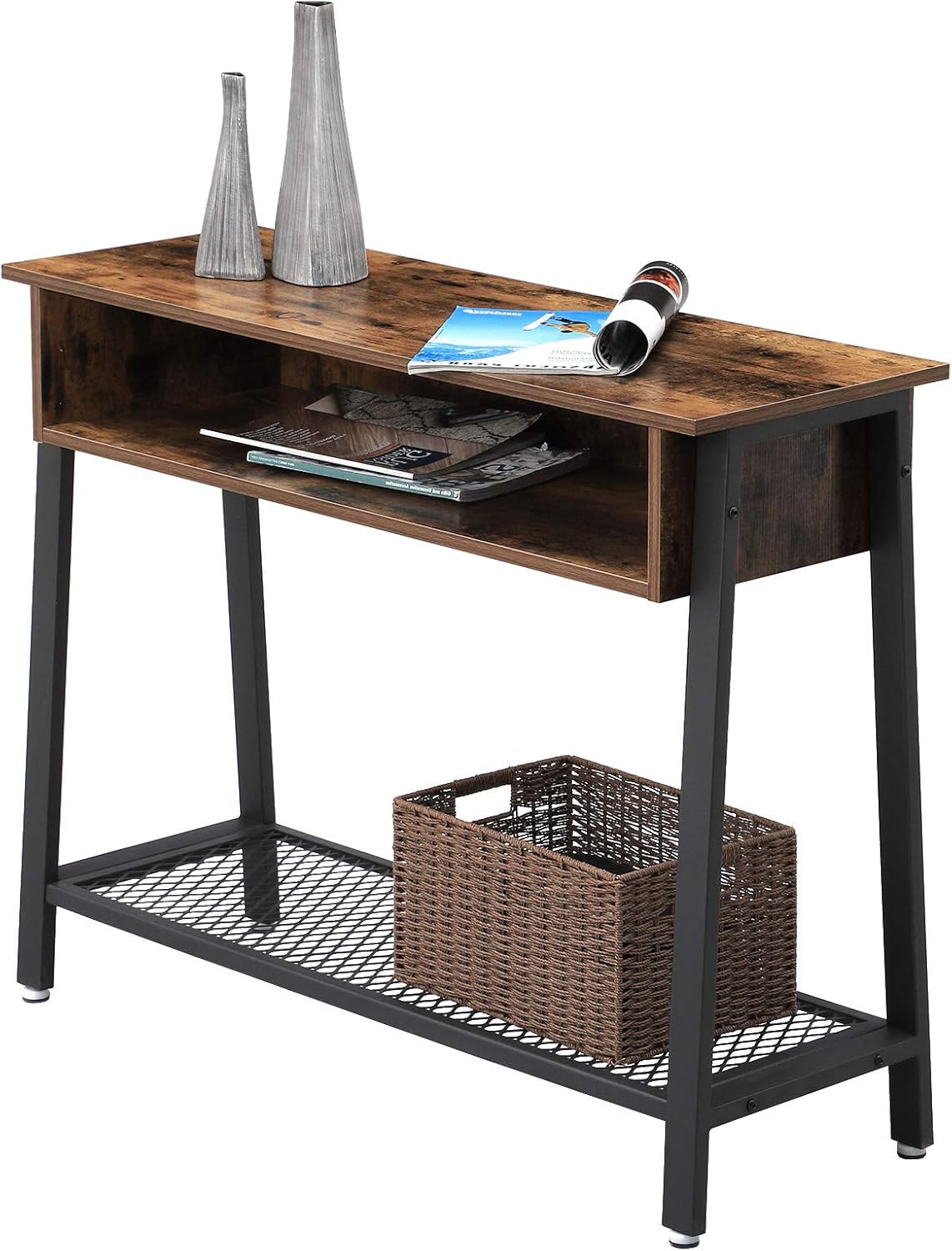 VASAGLE Industrial Sofa Table, Console Table with Mesh Shelf and Storage Rack, Entryway Table for Living Room and Office, Stable Metal Frame