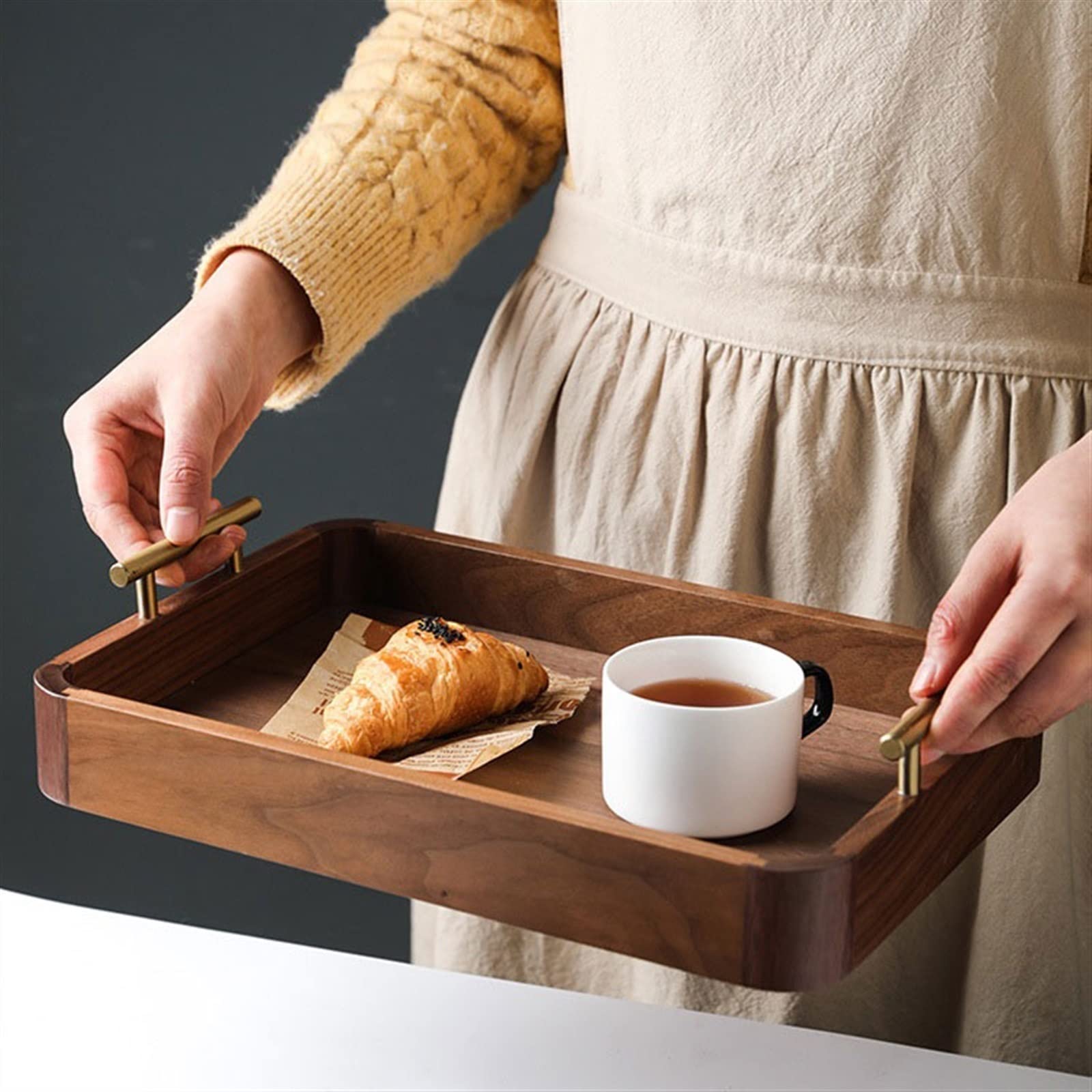 Bandeja Decorativa Moderna De Madera Nogal Servicio Rectangular For El Hogar Platos Pasteles Juegos Té Almacenamiento(S)