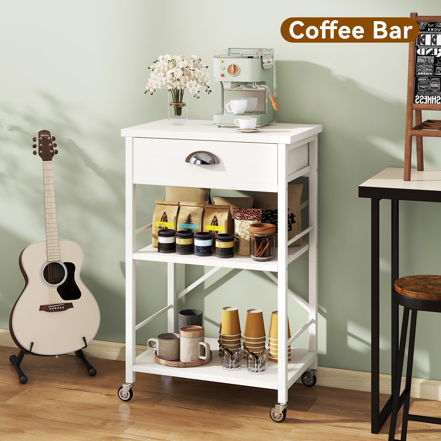 IBUYKE - Estante de cocina para panadería con cajones, soporte para microondas de 3 niveles con almacenamiento, mesa de barra de café con ruedas, estante ajustable, montaje simple, blanco TMJ030W — view 7