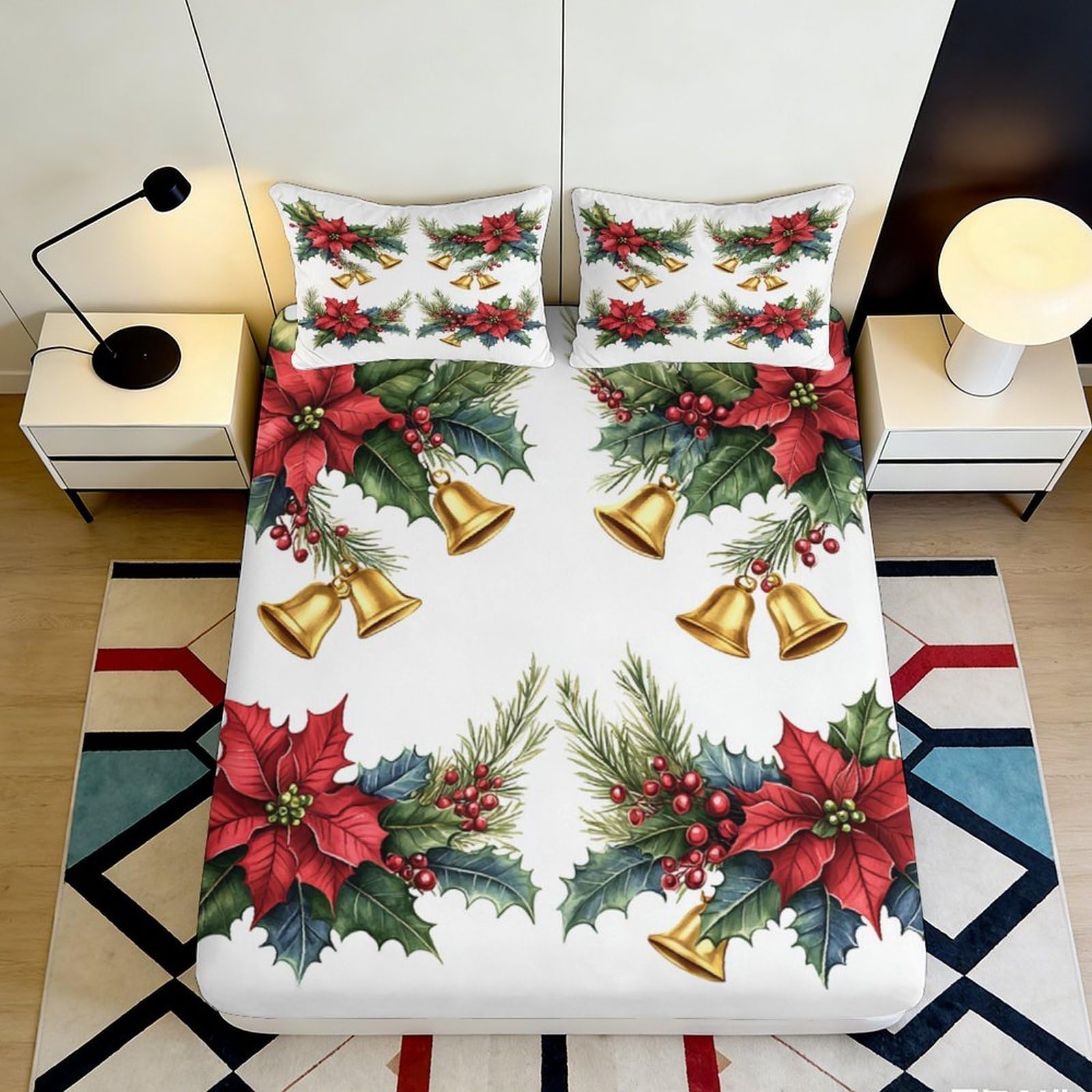 3D Printed Christmas Poinsettia Fitted Sheet Microfiber Bell Pattern Bed Cover for Bedroom Guest Room Decor 90x200x25cm