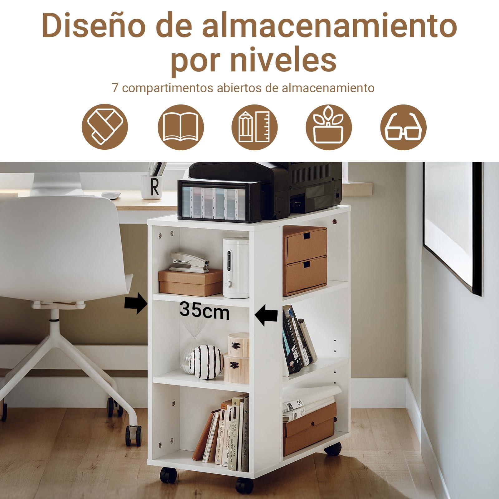 SoBuy Mueble Impresora Mesa para Impresora con Ruedas Cajonera Oficina con 6 Compartimentos Abiertos Mueble Archivador Armario Oficina Blanco 60x35x75cm FBT68-W