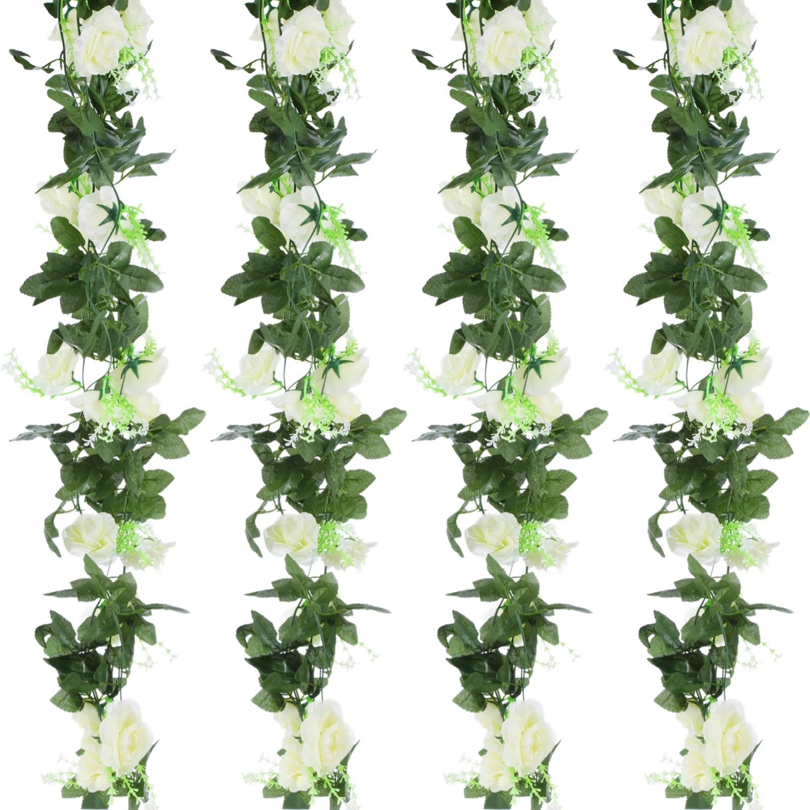 4 STK. Girlanden aus künstlichem Grün mit Blüten, 10 weiße Rosen, 7,2 ft Blumenranken aus Kunststoff, für Hochzeitsbogen, Tischmittelpunkt, Zeremonie Hintergrund, Party Deko