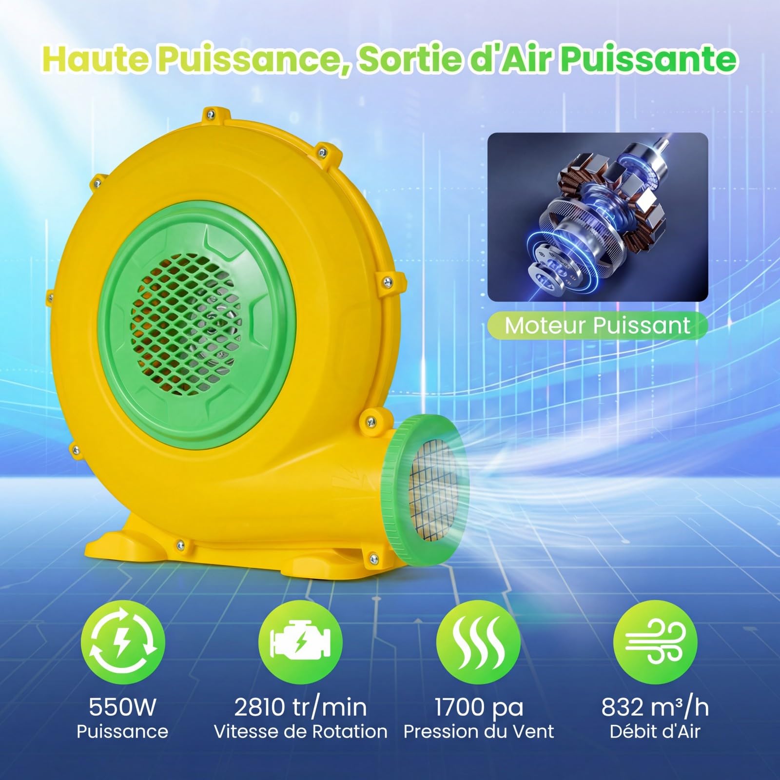 COSTWAY Gonfleur Électrique 350/450/550/680/750/850/950W avec Poignée Pratique & Piquets de Sol, Pompe à Air Électrique avec Cordon & Couvercle en Maille, Souffleur d'air pour Château Gonflable