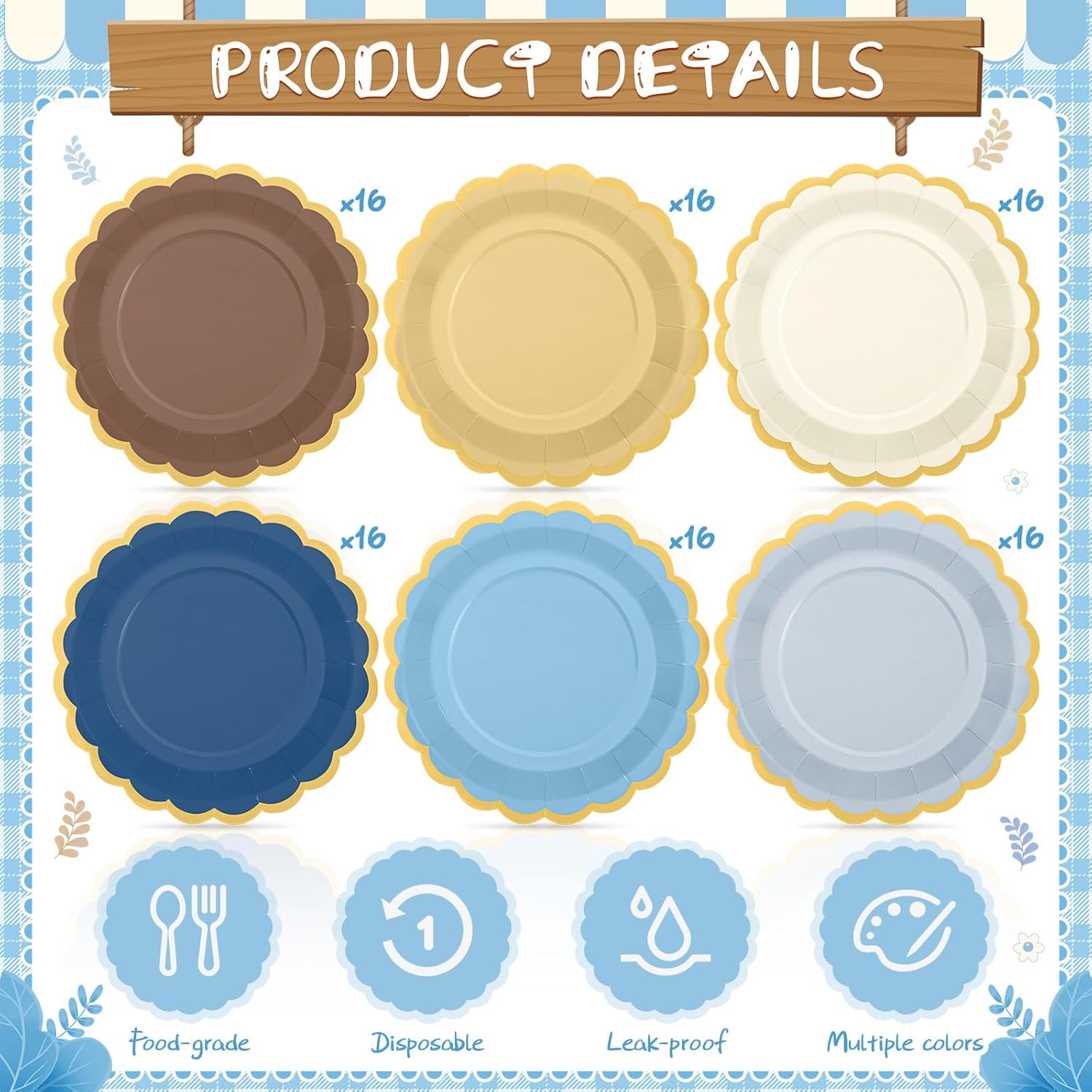 96 Pcs Blue Brown Paper Plates 9 Inch Gradient Scalloped Paper Plates Disposable Dinner Dessert for Birthday Wedding Bridal Party Supplies, 6 Colors