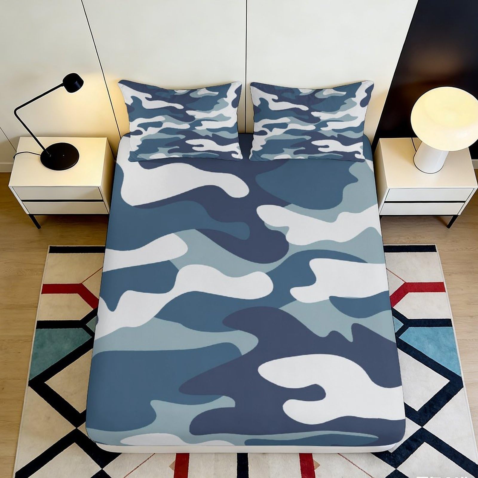 3D Printed Blue Grey Camouflage Fitted Sheet Microfiber Durable Soft 3D Printed Urban Pattern Mattress Cover for Bedroom Dorm Dormitory Guest Room 180x200x25cm