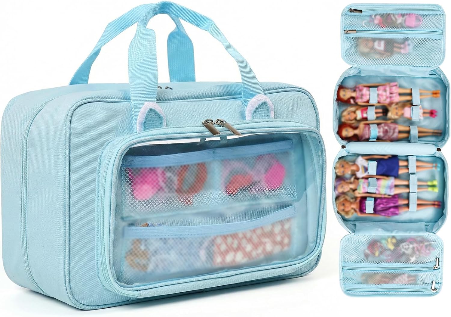 Carrying Case Compatible with Barbie Dolls 12-inch, Multiple Pockets for Doll‘s Clothes Accessories, Storage Organizer Bag with Handle Holds 6 or 12 Small Dolls, Bag Only (Blue)
