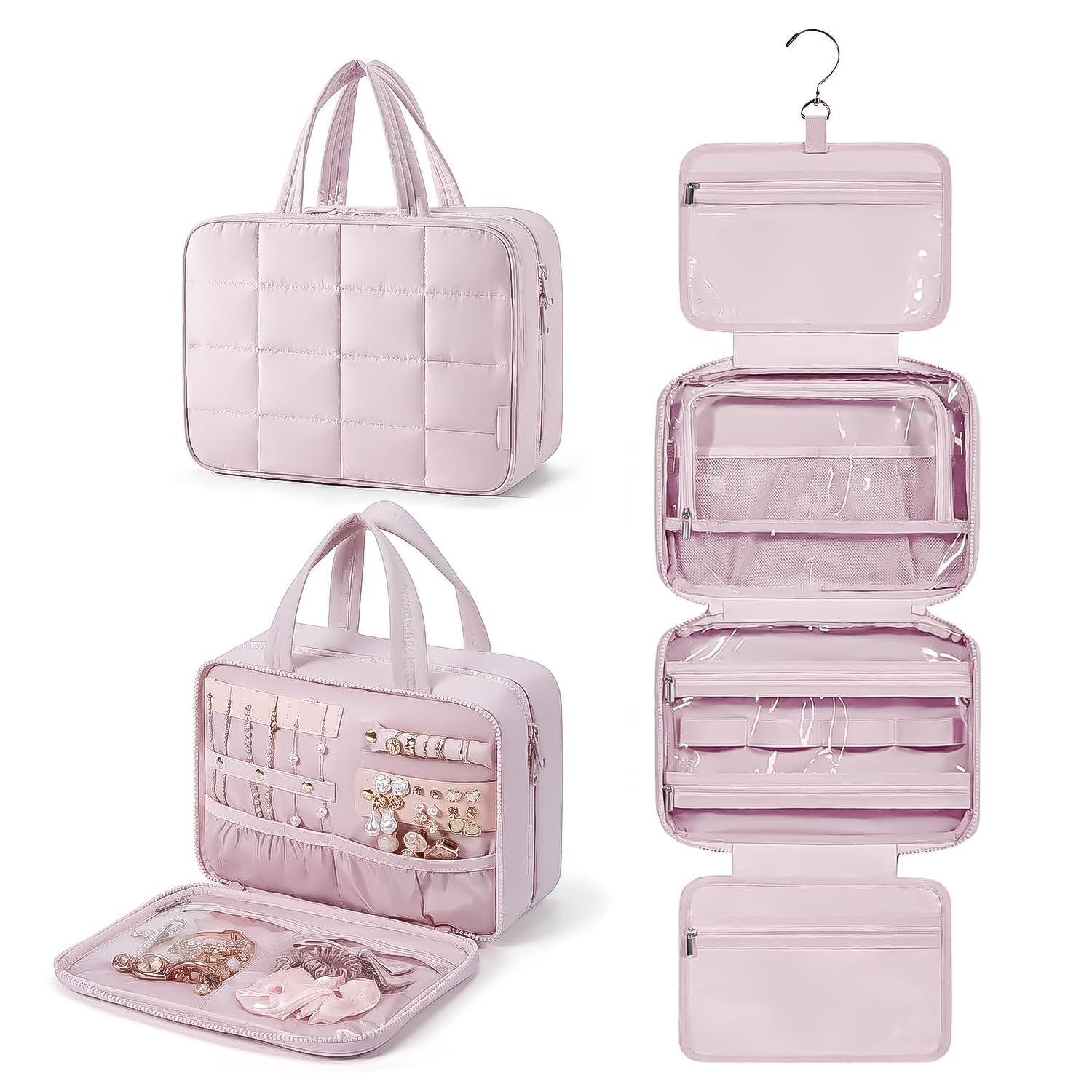 EHIOG Neceser Colgante, 28x20x12cm Neceser de Viaje Impermeable, Gran Capacidad Neceser de Maquillaje para Mujer, Organizador de Productos de Aseo para Mujeres y Hombres, Rosa