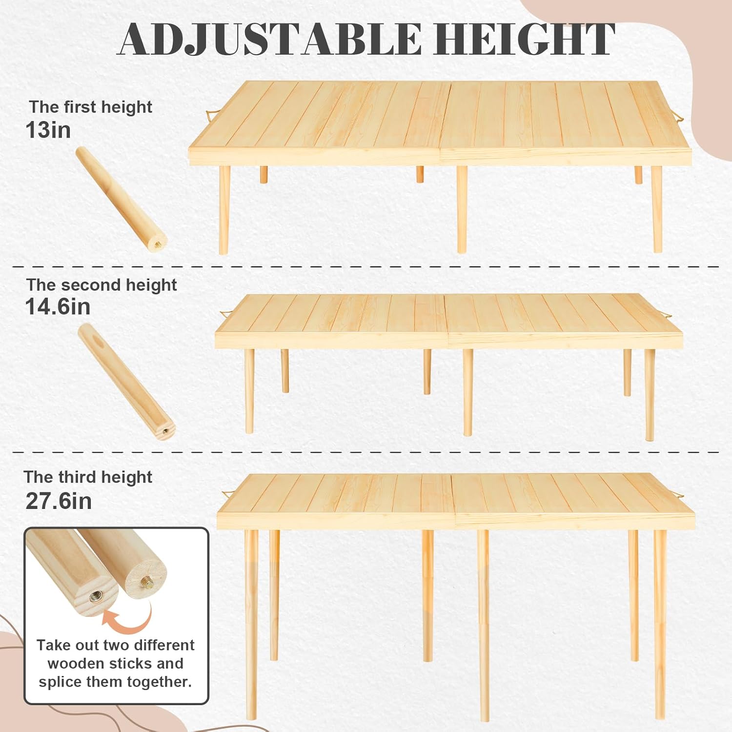 CUKBLESS Boho Folding Picnic Table, 59.4x28.3 Inches Wooden Low Portable Table with Carrying Handle, 3 Height Settings 13/14.6/27.6 Inches for Beach Camping BBQs