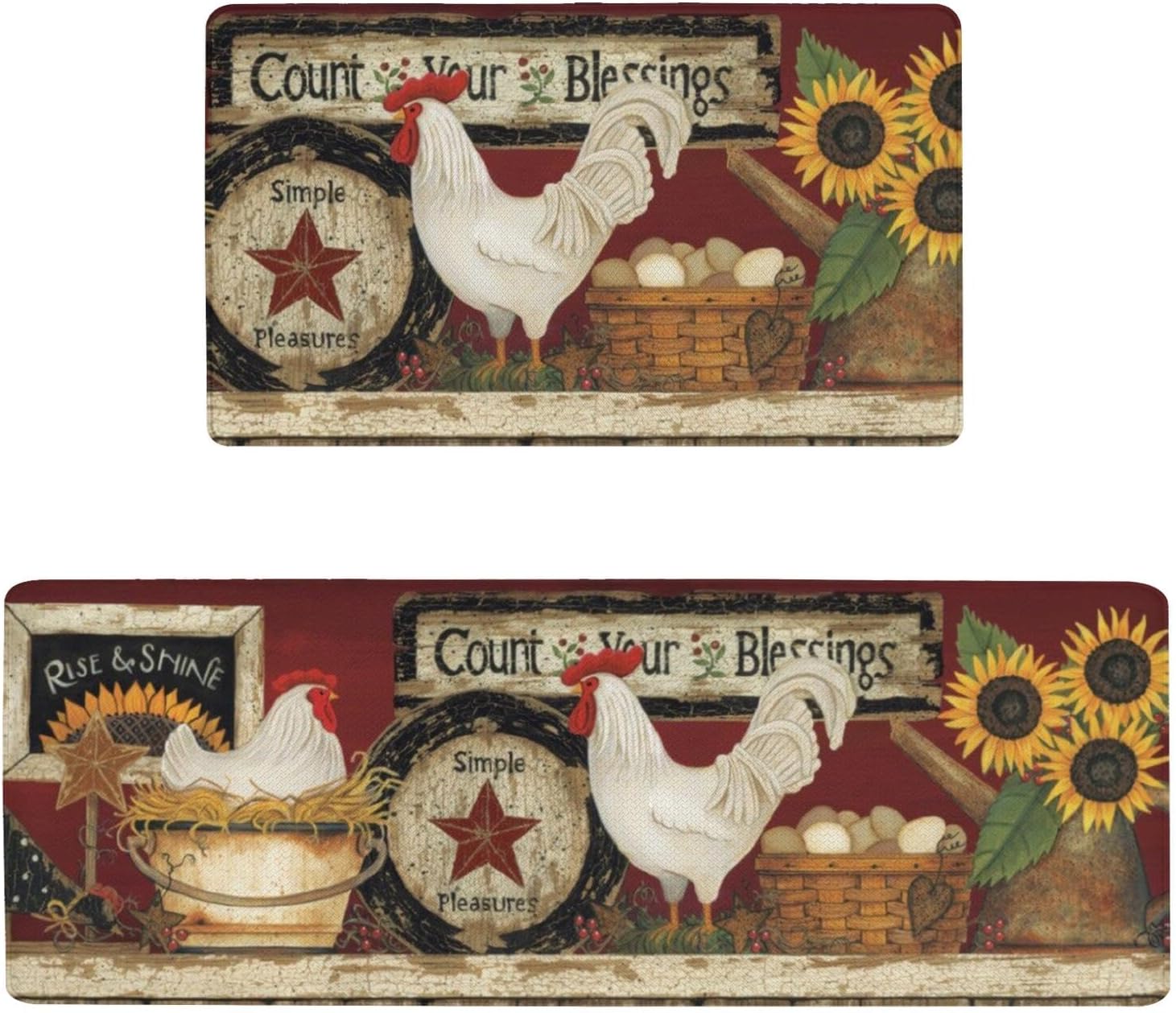 Farmhouse Anti Fatigue Kitchen Rugs and Mats Set of 2, Holiday Cooking Sets Washable Waterproof Rooster Kitchen decor Mat, Non-Slip Chicken Floor Mats for Home, Sink, Laundry, 17.3"x47"+17.3"x30"