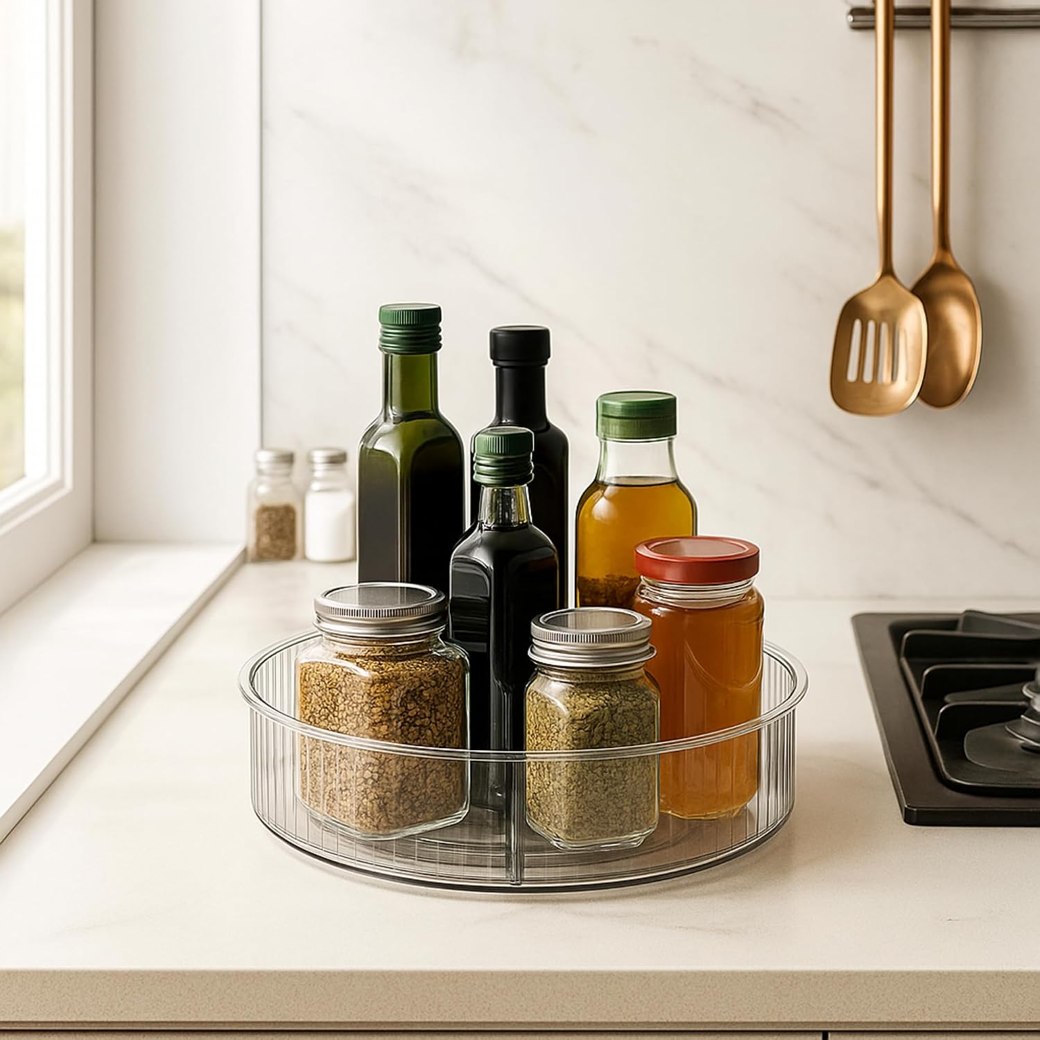 Oggi 10" Fluted Lazy Susan Turntable Organizer – Clear Rotating Cabinet Organizer for Kitchen, Pantry, Fridge, Bathroom, Spices, Perfume, Makeup & More – Stylish Storage & Organization