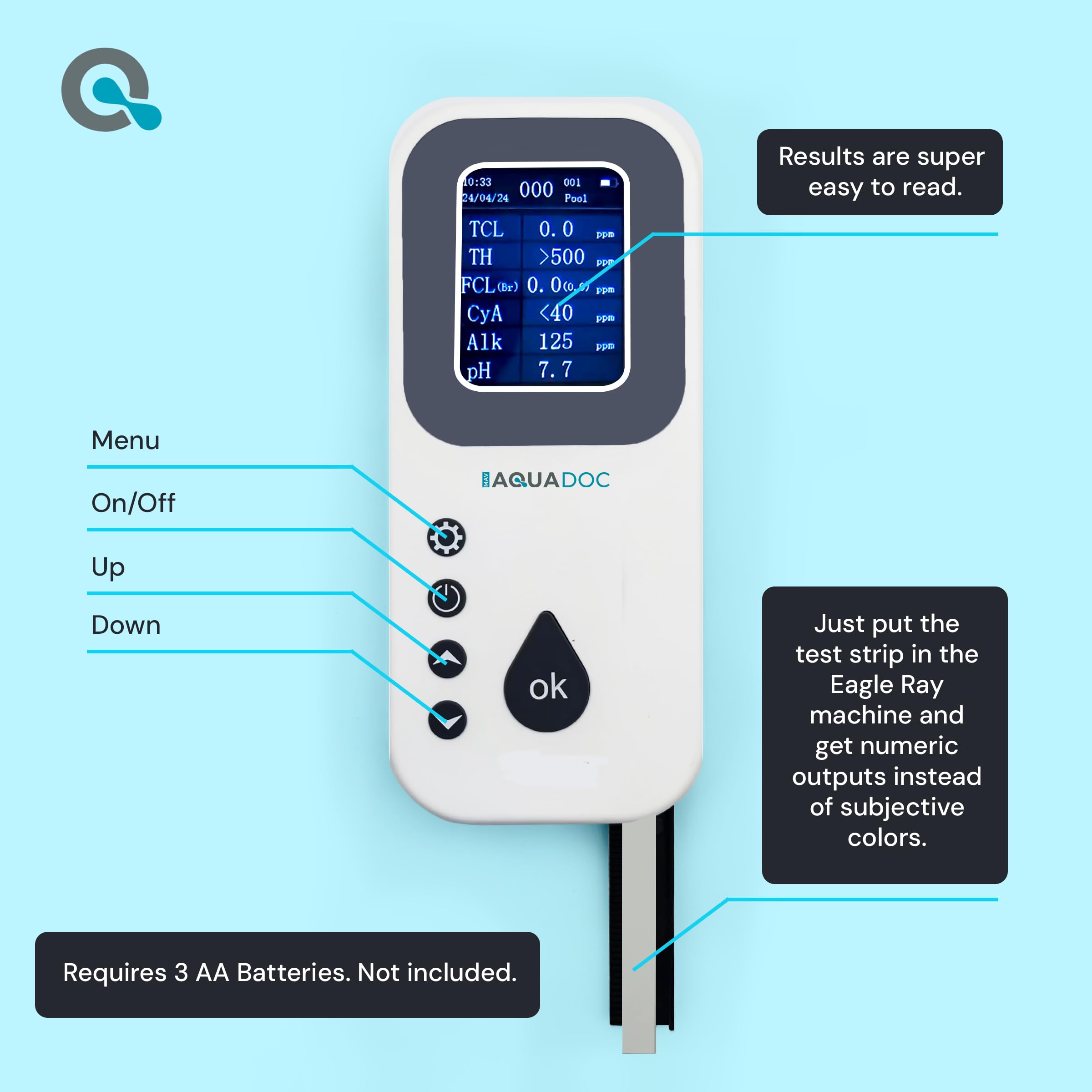 Eagle Ray Digital Pool Water Test Kit by AquaDoc with Digital Water Tester and 30 Pool Test Strips for Chlorine, Bromine, Total Hardness, Cyanuric Acid, Alkalinity, and pH - image 6