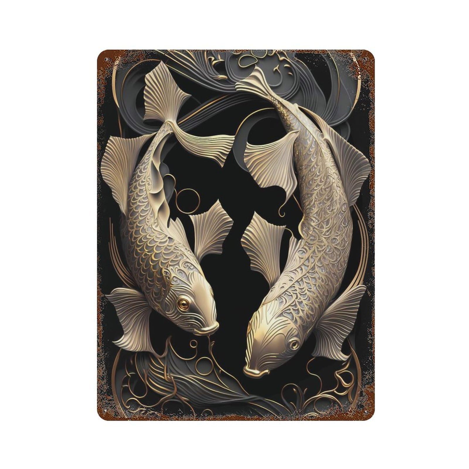 Golden Couple Koi Fish 15.7"x11.8" Rust Effect Tin Sign, Old School Wall Decor for Pub, Kitchen And Man Cave Decor