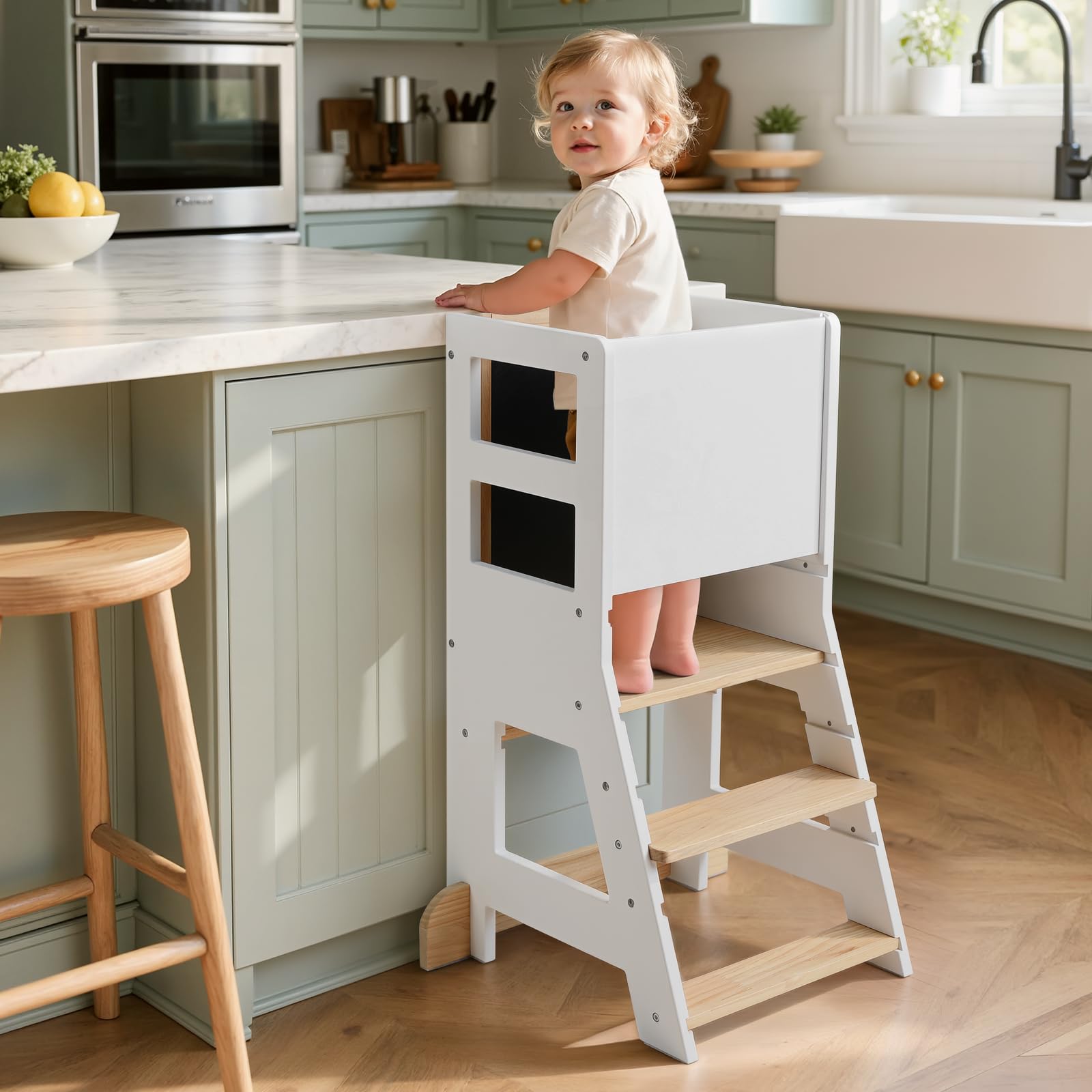 KIDINIX Kinder Lernturm ab 1 Jahr, Learning Tower mit magnetischem Whiteboard und Abnehmbarer Kreidetafel, Höhenverstellbar, Montessori-Lernstuhl für Küche und Bad, Kippsicher, Holzfarbe & Weiß