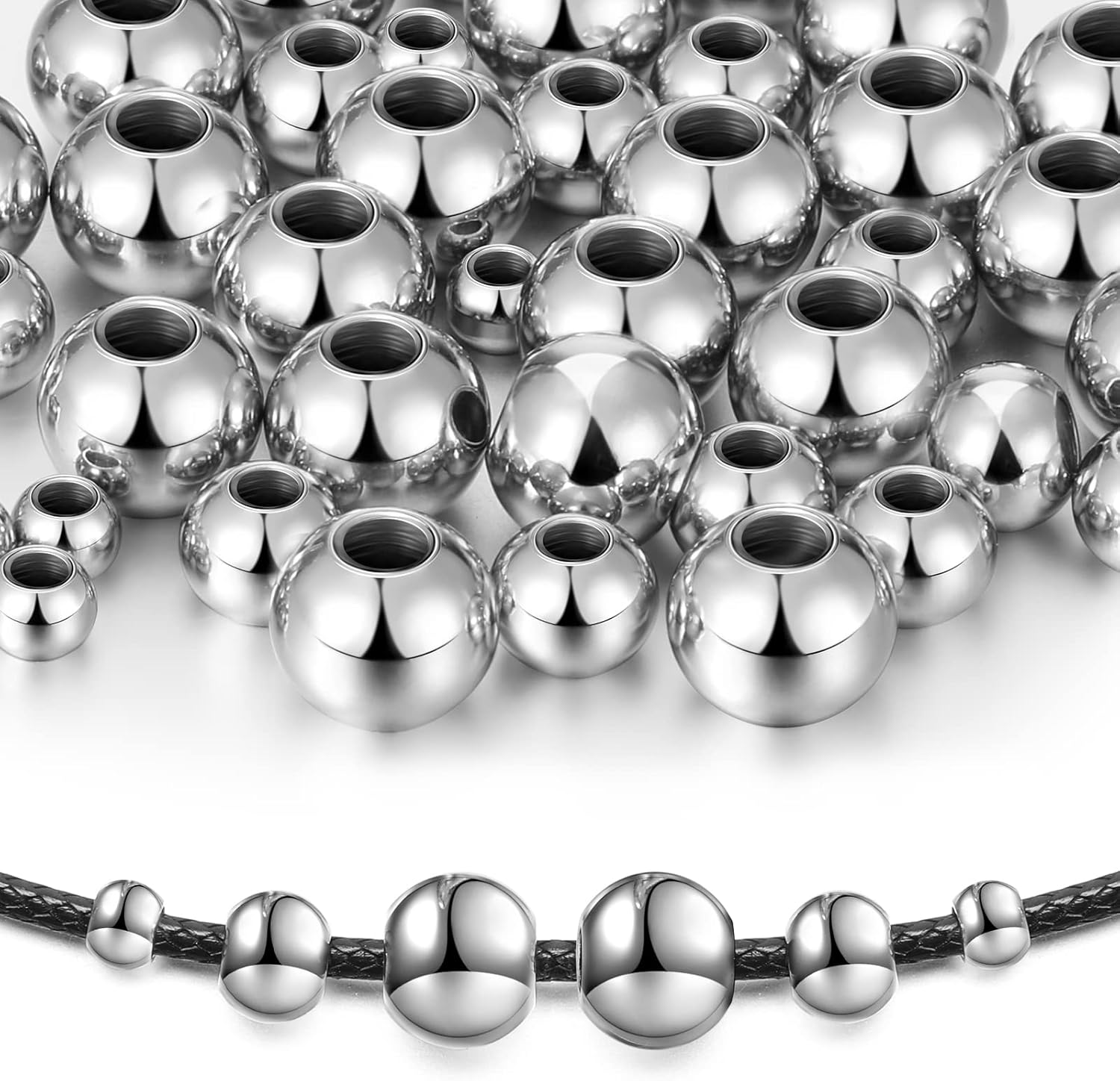 Hotop 150 PCS 2mm 2.5mm 3mm Stainless Steel Beads Silver Spacer Round Assorted Smooth Metal Seamless Metallic Plated Loose Beads for Necklaces Bracelets Jewelry Making DIY Gift, 3 Sizes